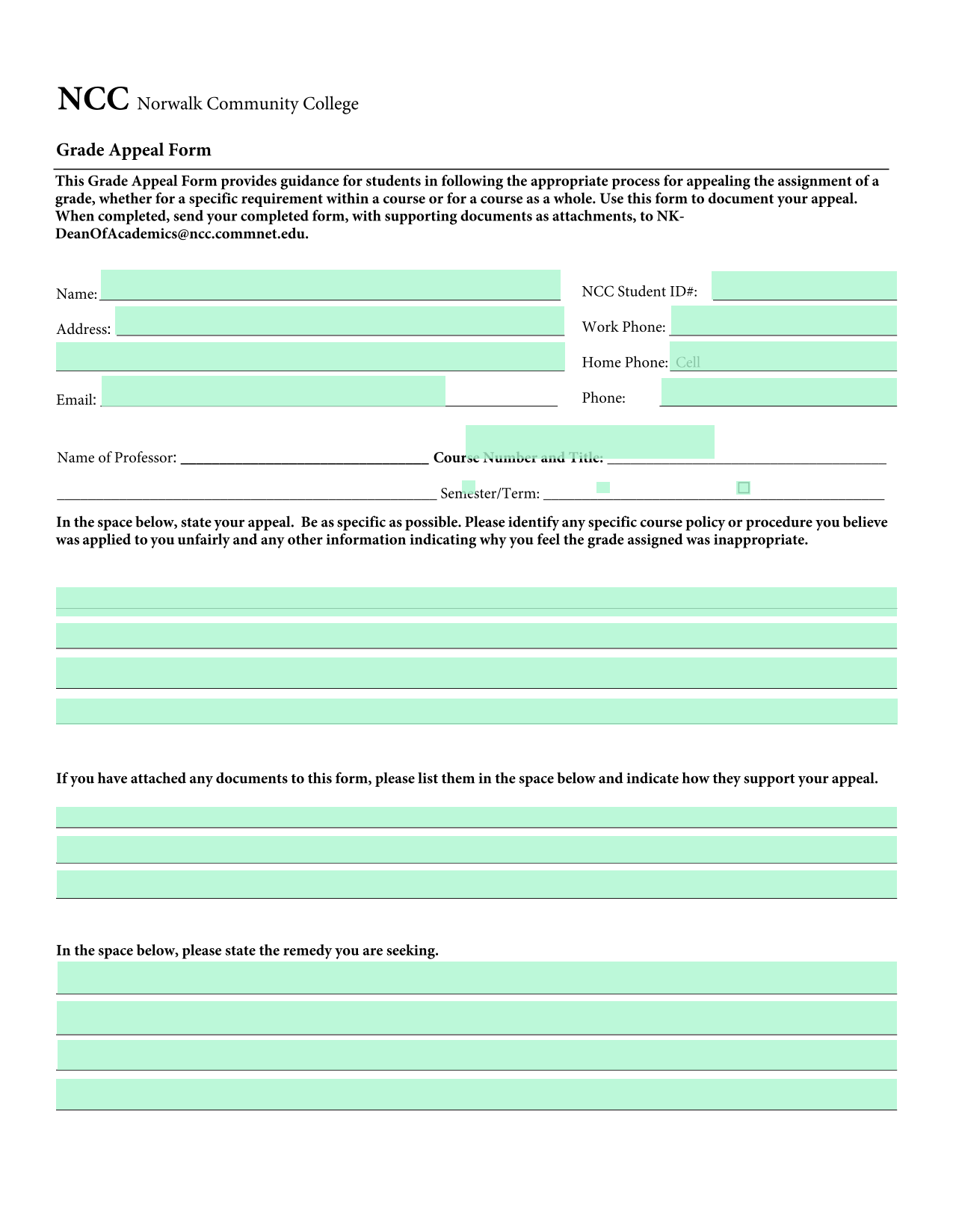 Grade Appeal Form screenshot