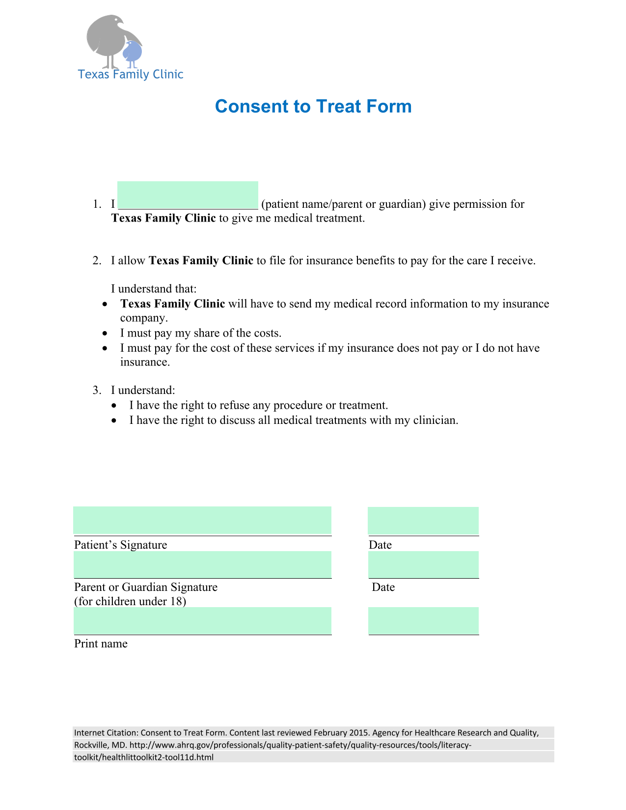 Consent To Treat Form screenshot