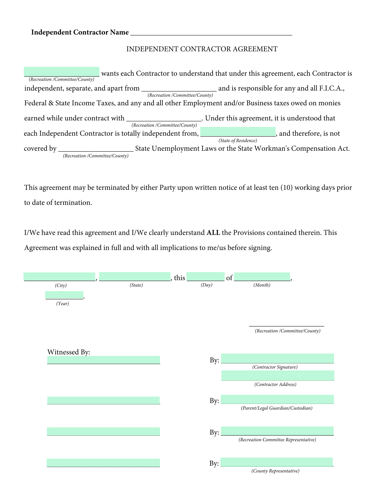Independent Contractor Agreement screenshot