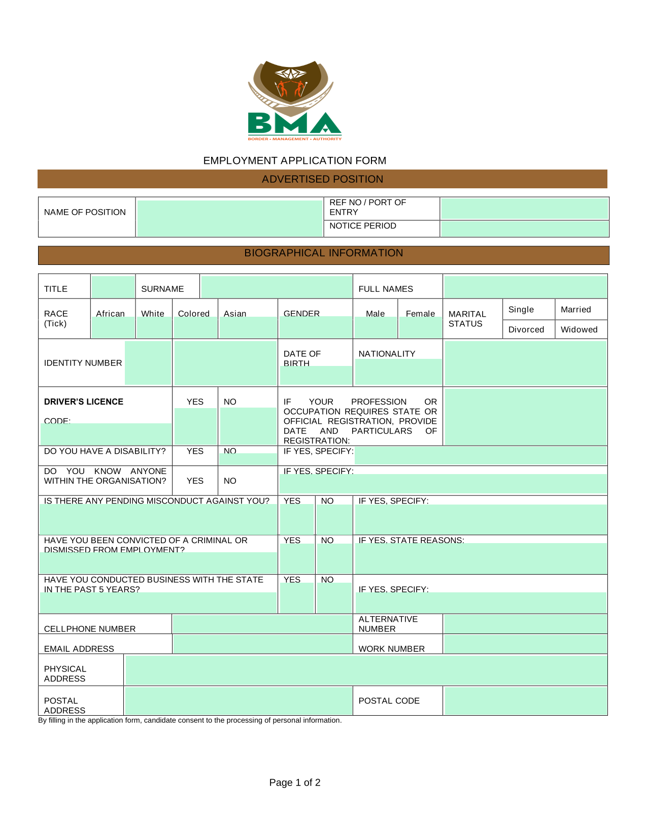 EMPLOYMENT APPLICATION FORM screenshot