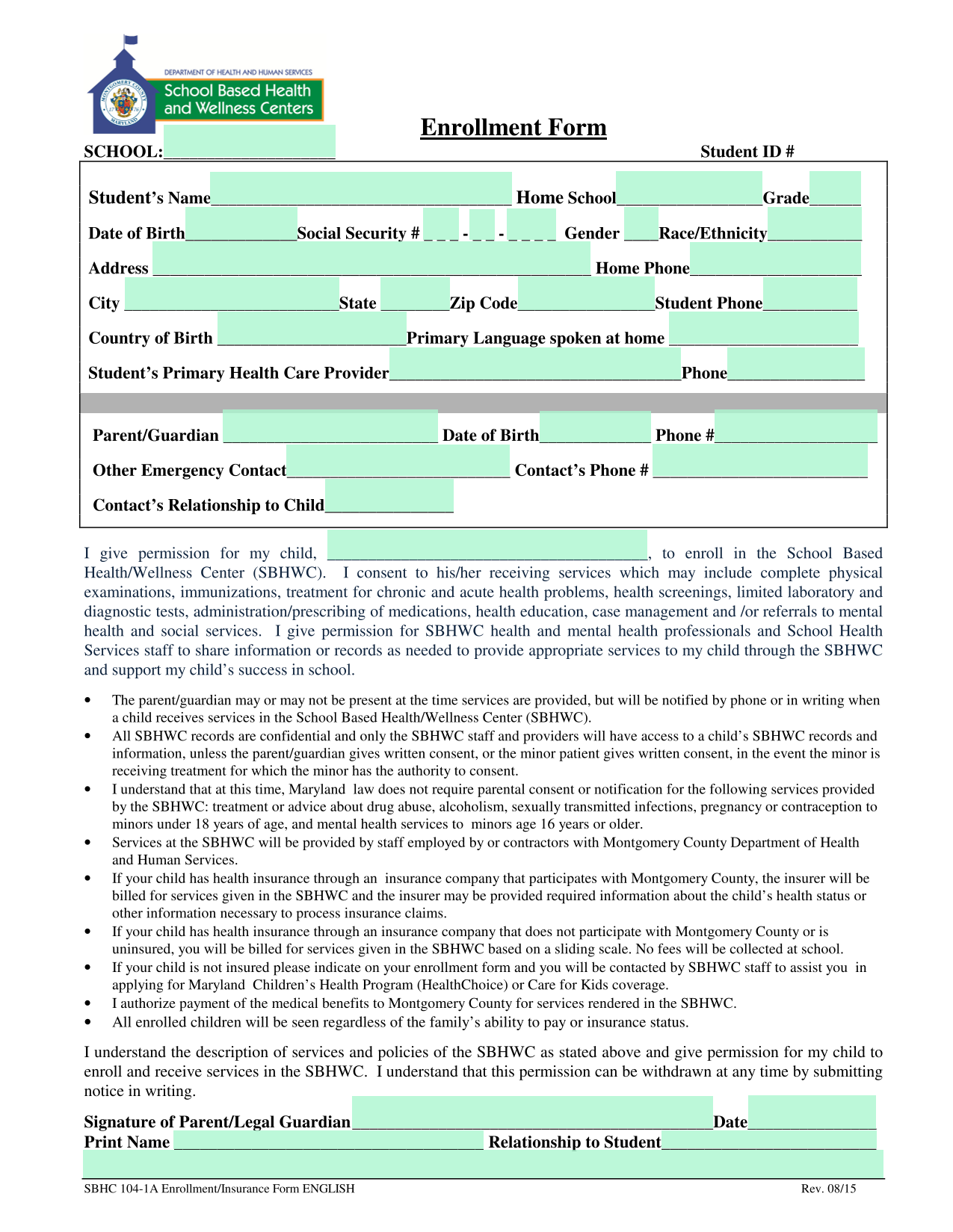 SBHC 104 1A EnrollmentInsurance Form ENGLISH screenshot