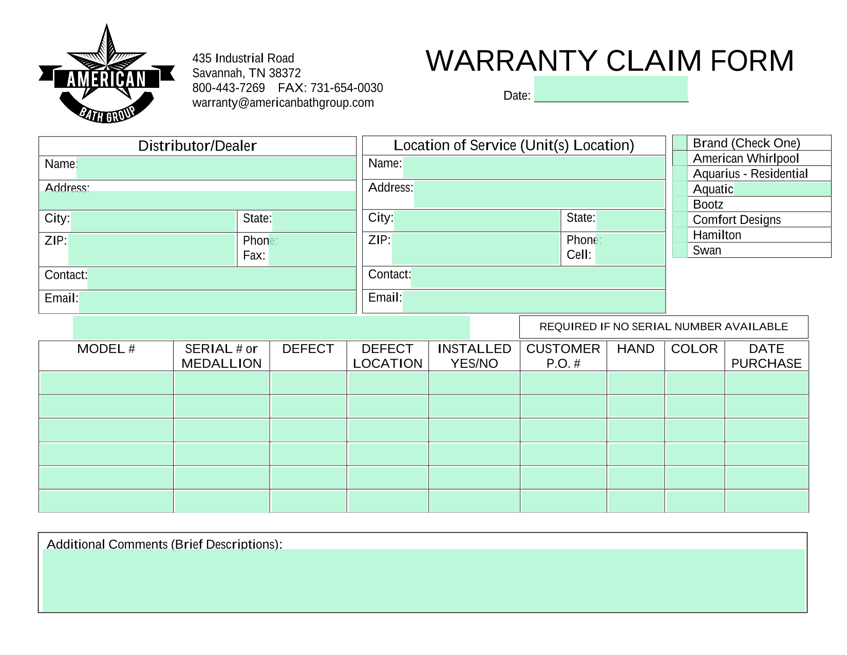 Warranty Claim Form screenshot