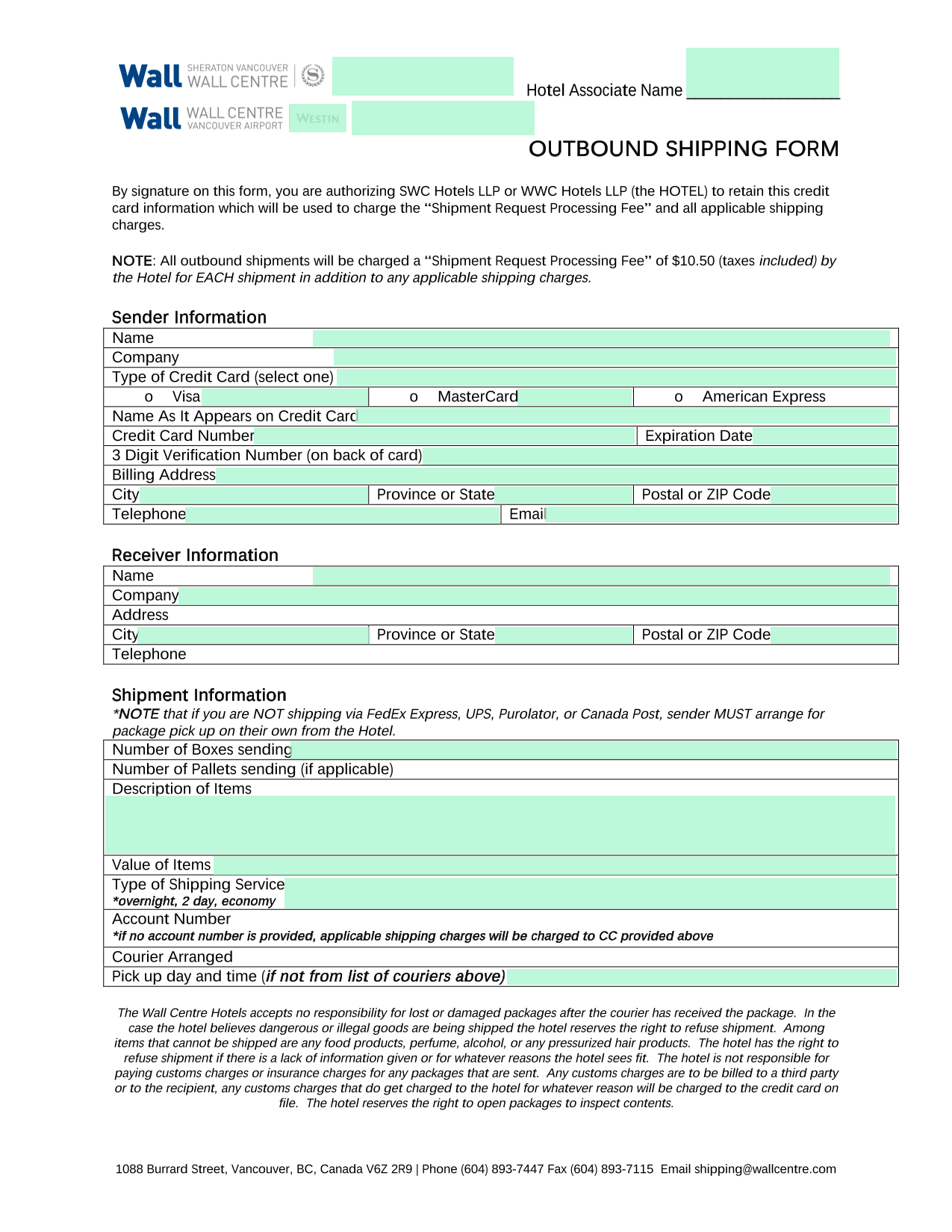 OUTBOUND SHIPPING FORM screenshot