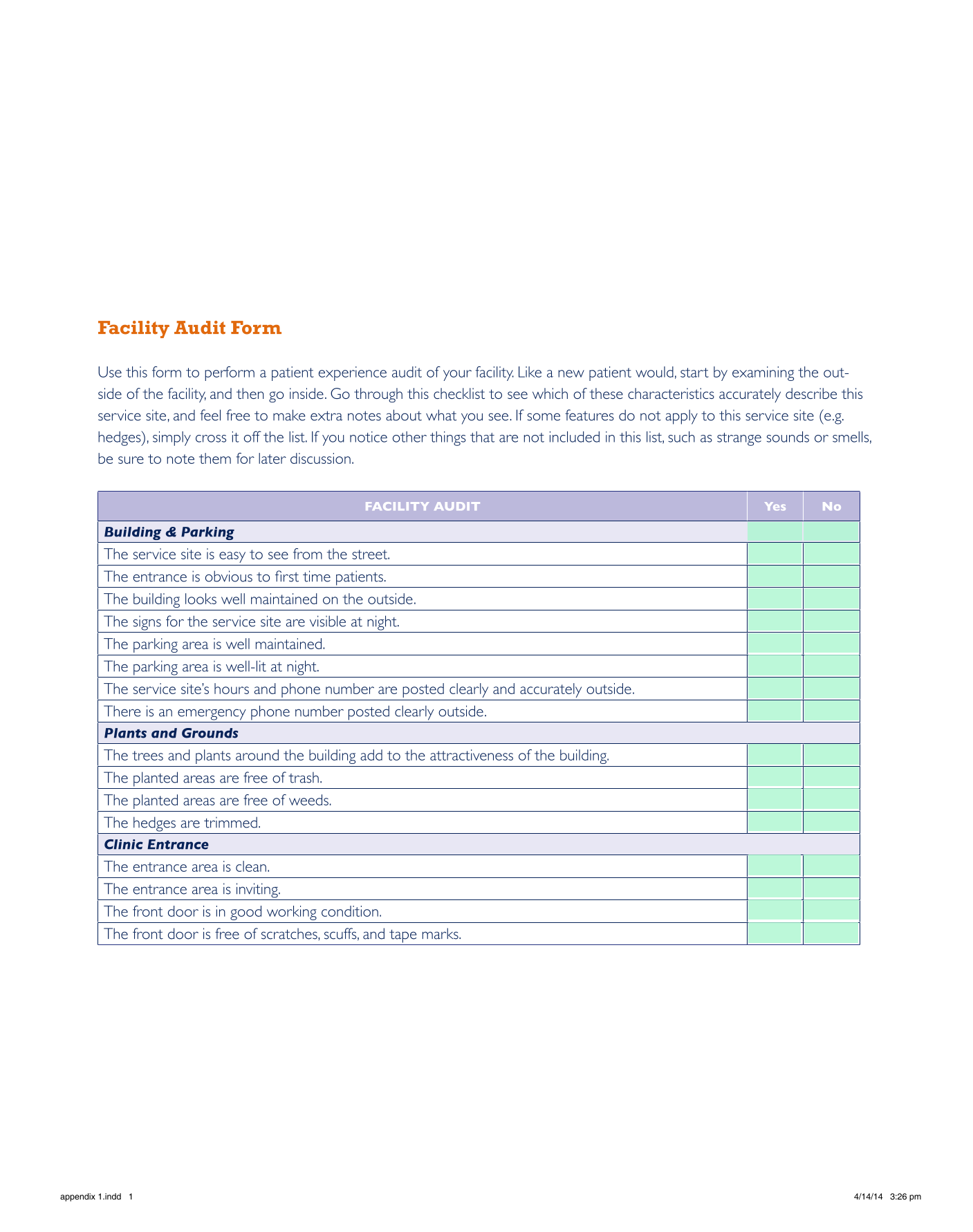 Facility Audit Form screenshot
