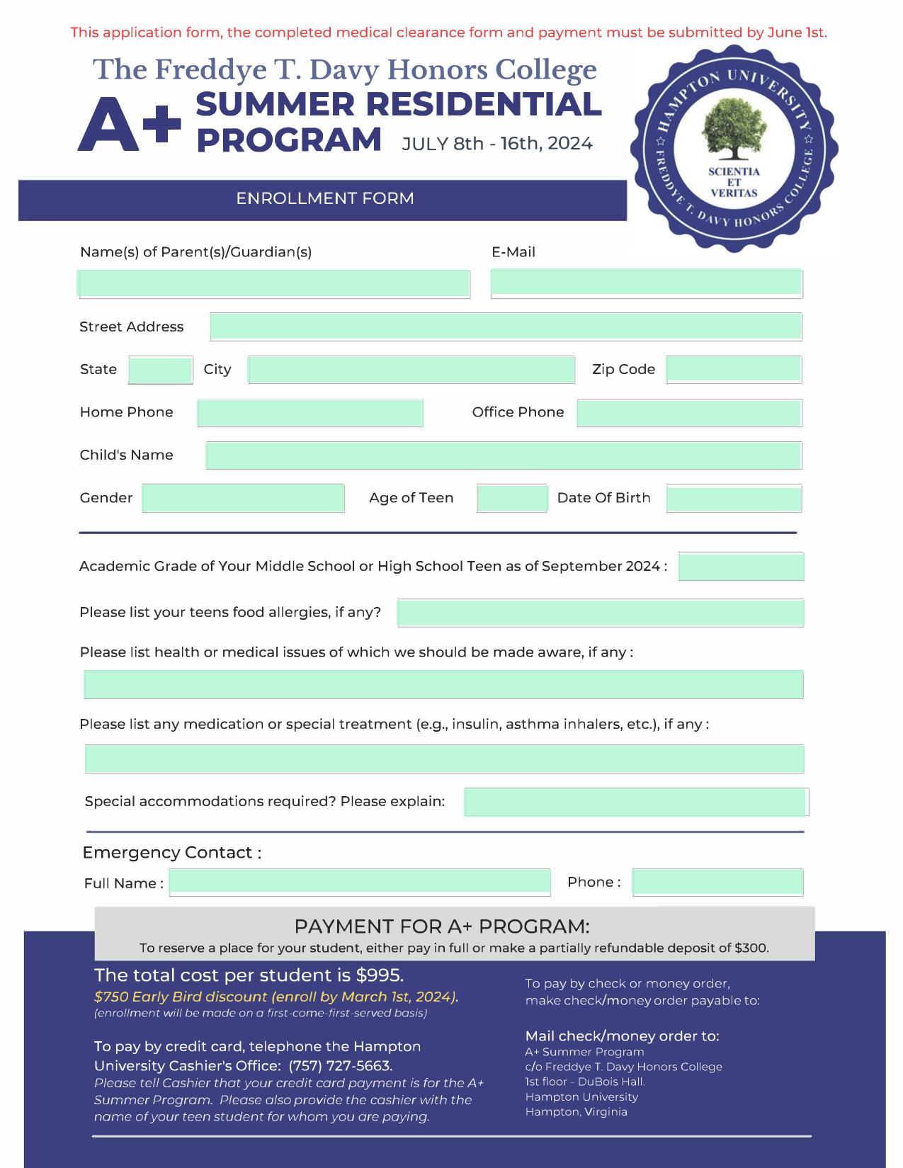A Summer Residential Program Enrollment Form screenshot