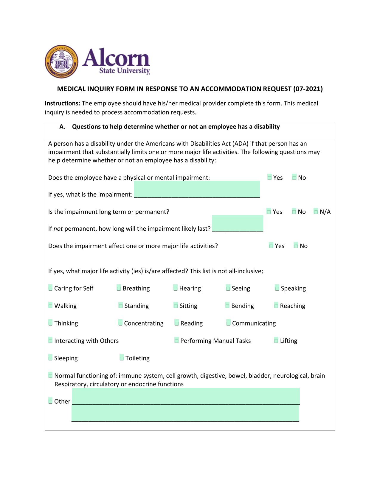 Medical Inquiry Form In Response To An Accommodation Request screenshot