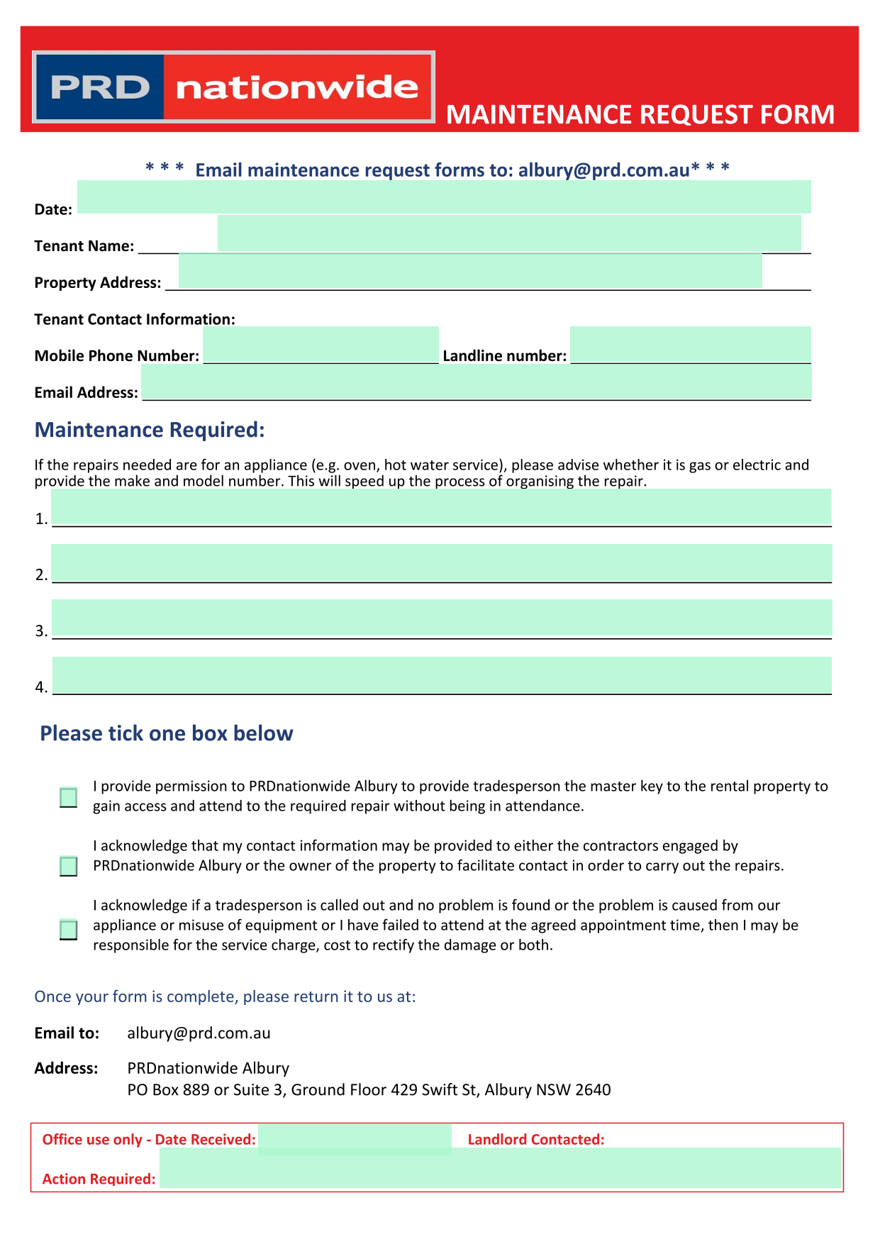 MAINTENANCE REQUEST FORM screenshot
