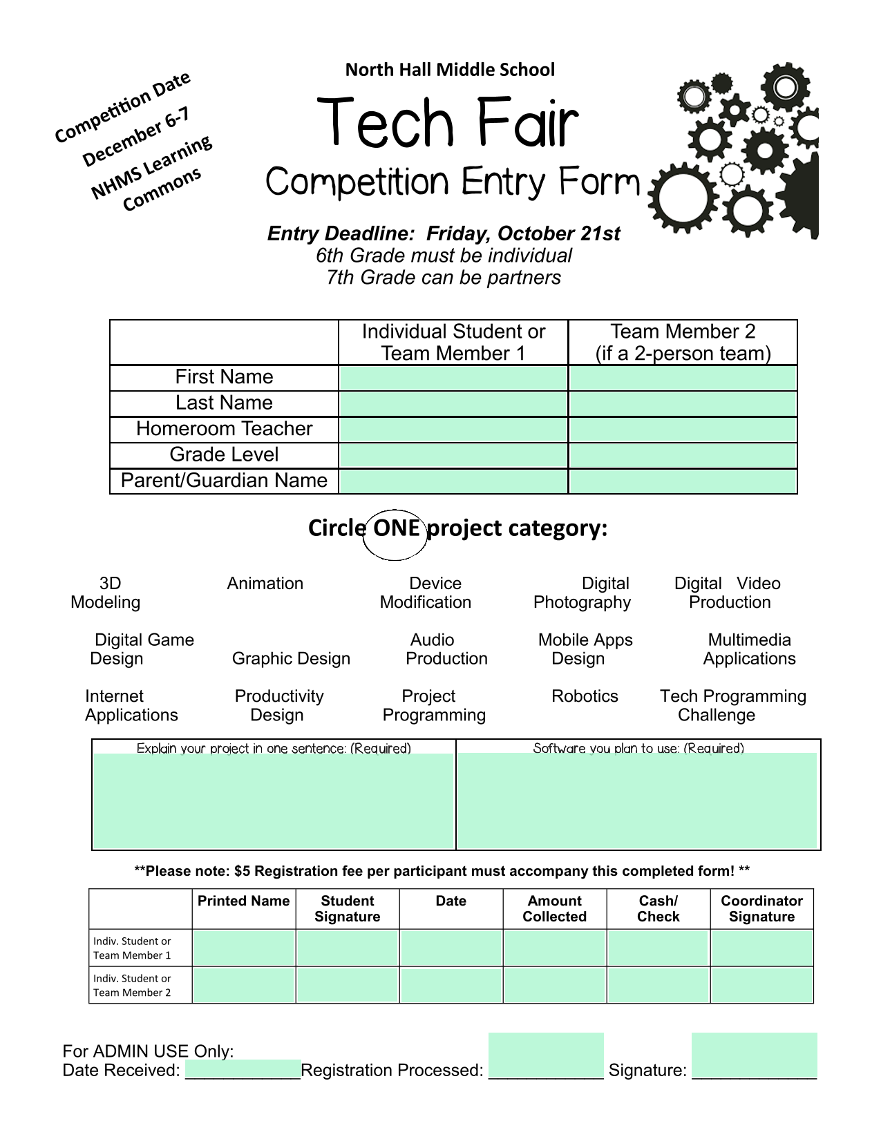 North Hall Middle School Tech Fair Competition Entry Form screenshot