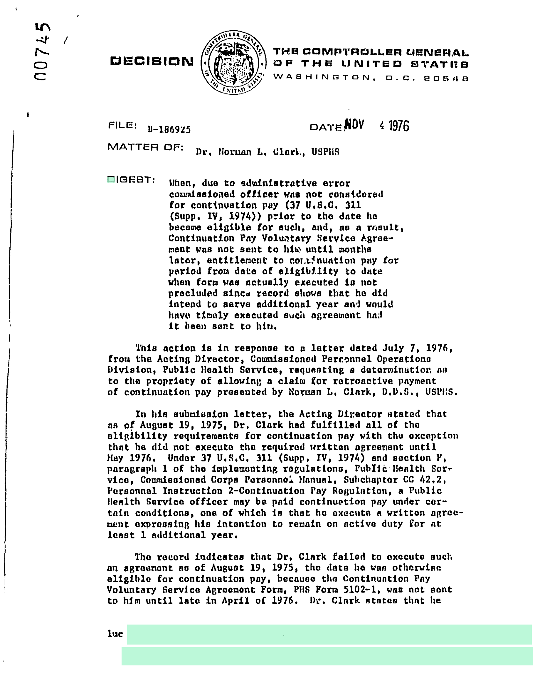 Continuation Pay Determination   Dr. Norman L. Clark, USPIS screenshot