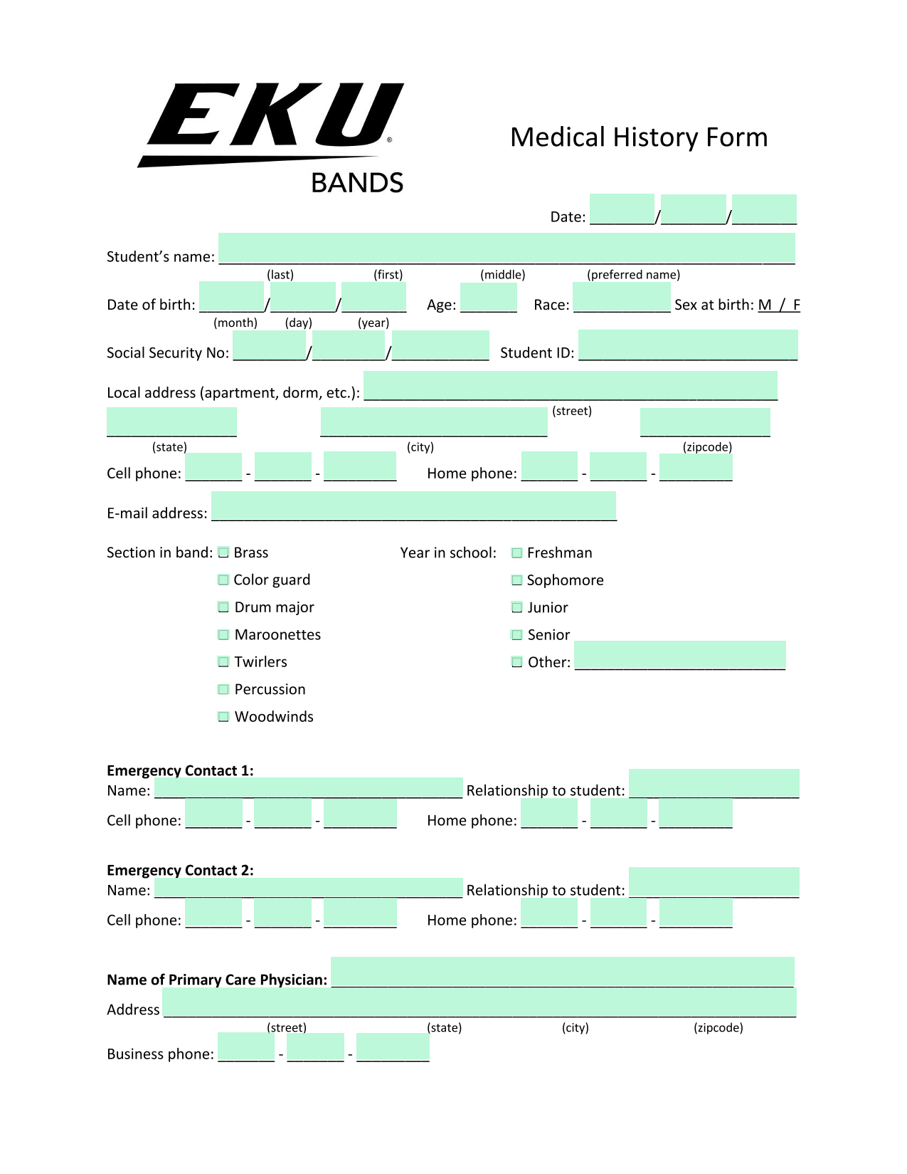 Medical History Form screenshot
