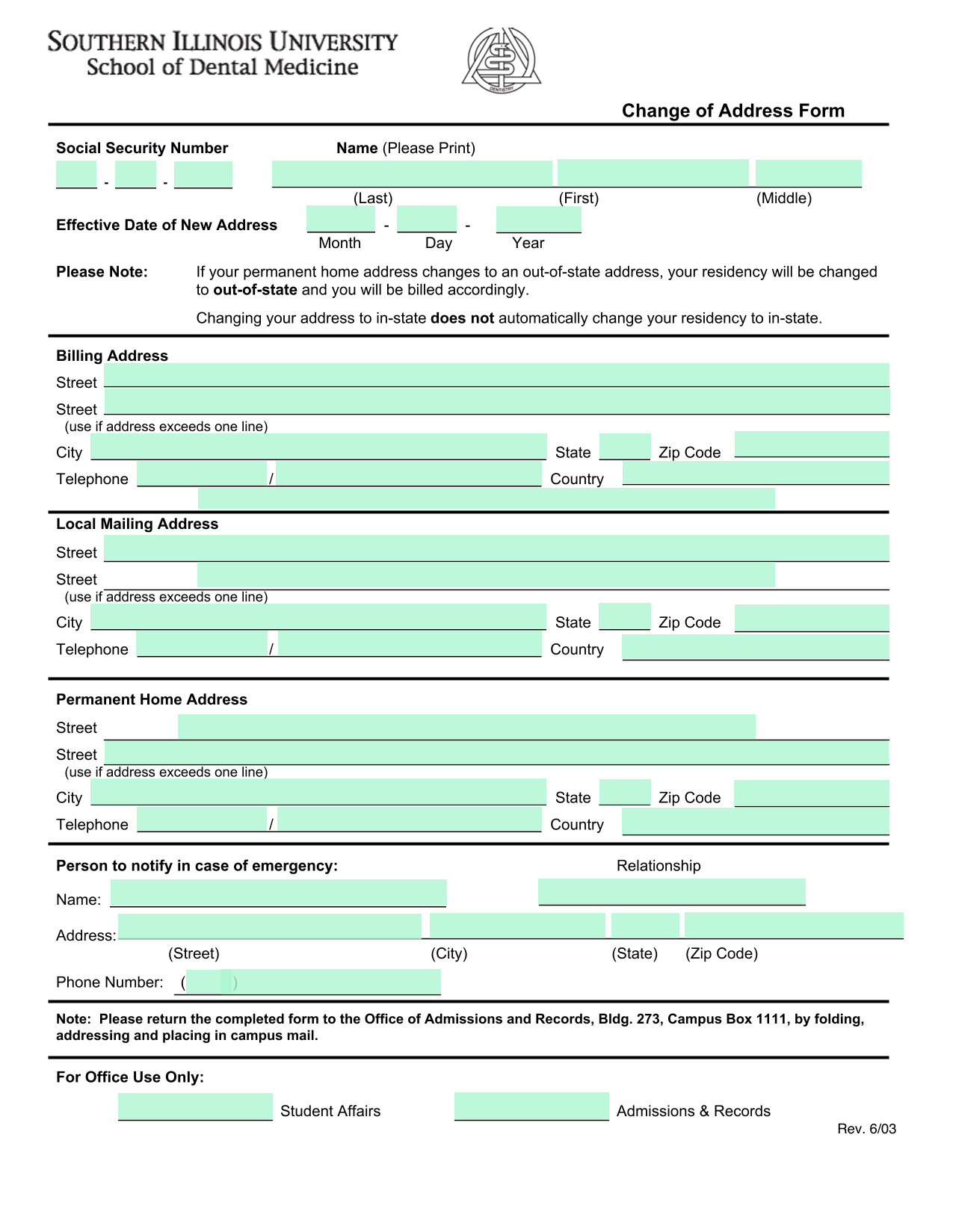 Change Of Address Form screenshot