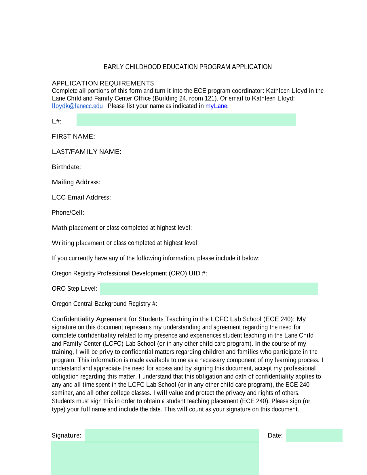 Early Childhood Education Program Application screenshot