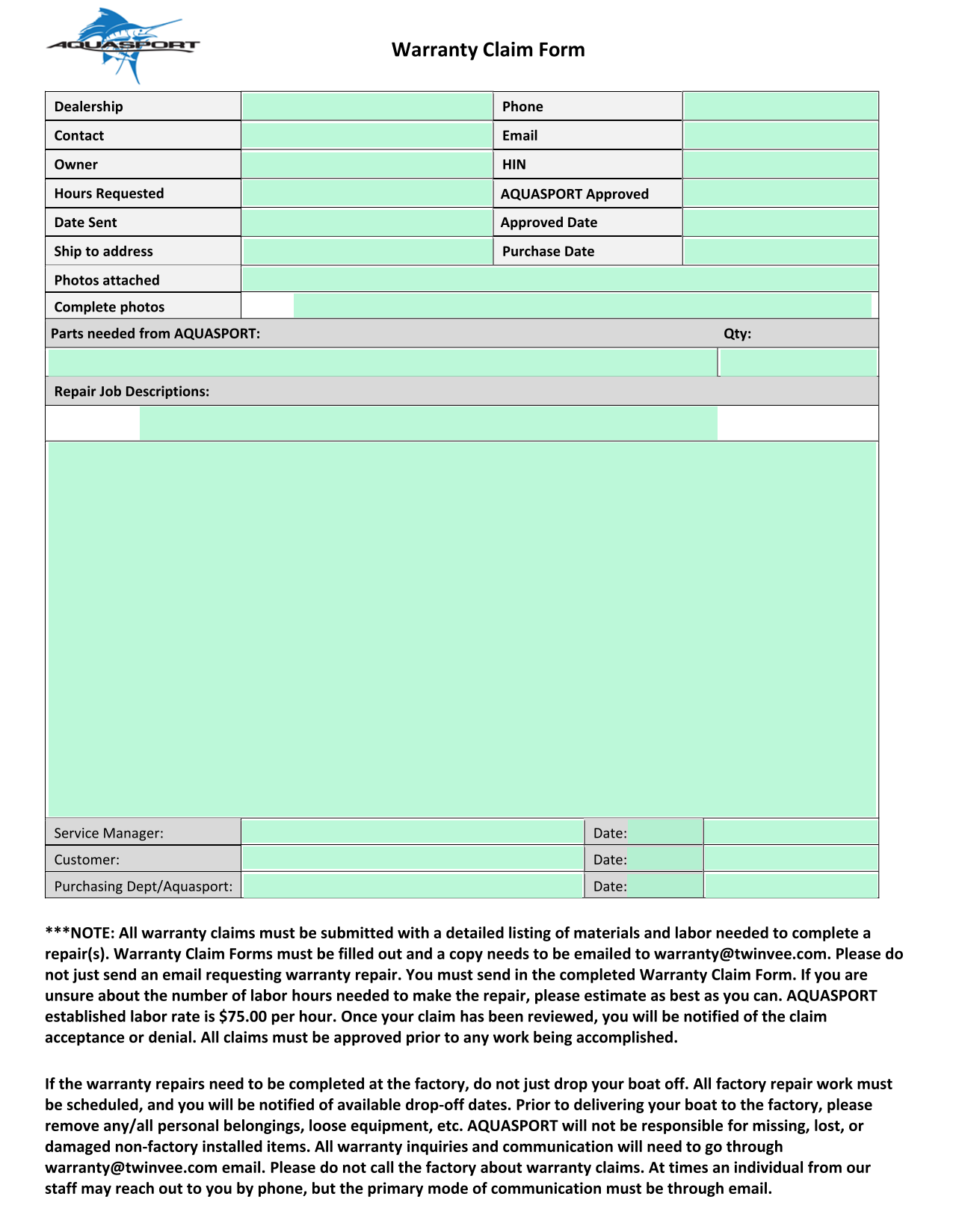 Warranty Claim Form screenshot