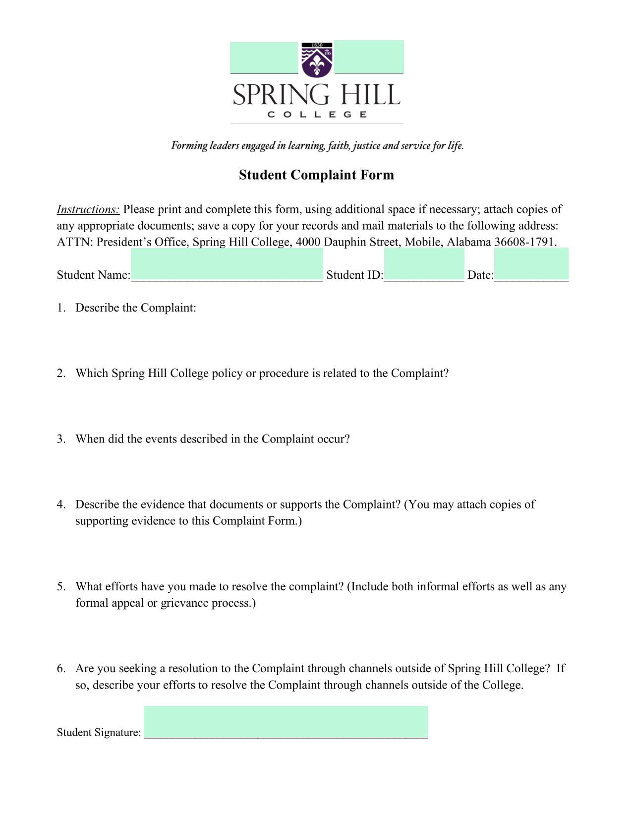 Student Complaint Form screenshot