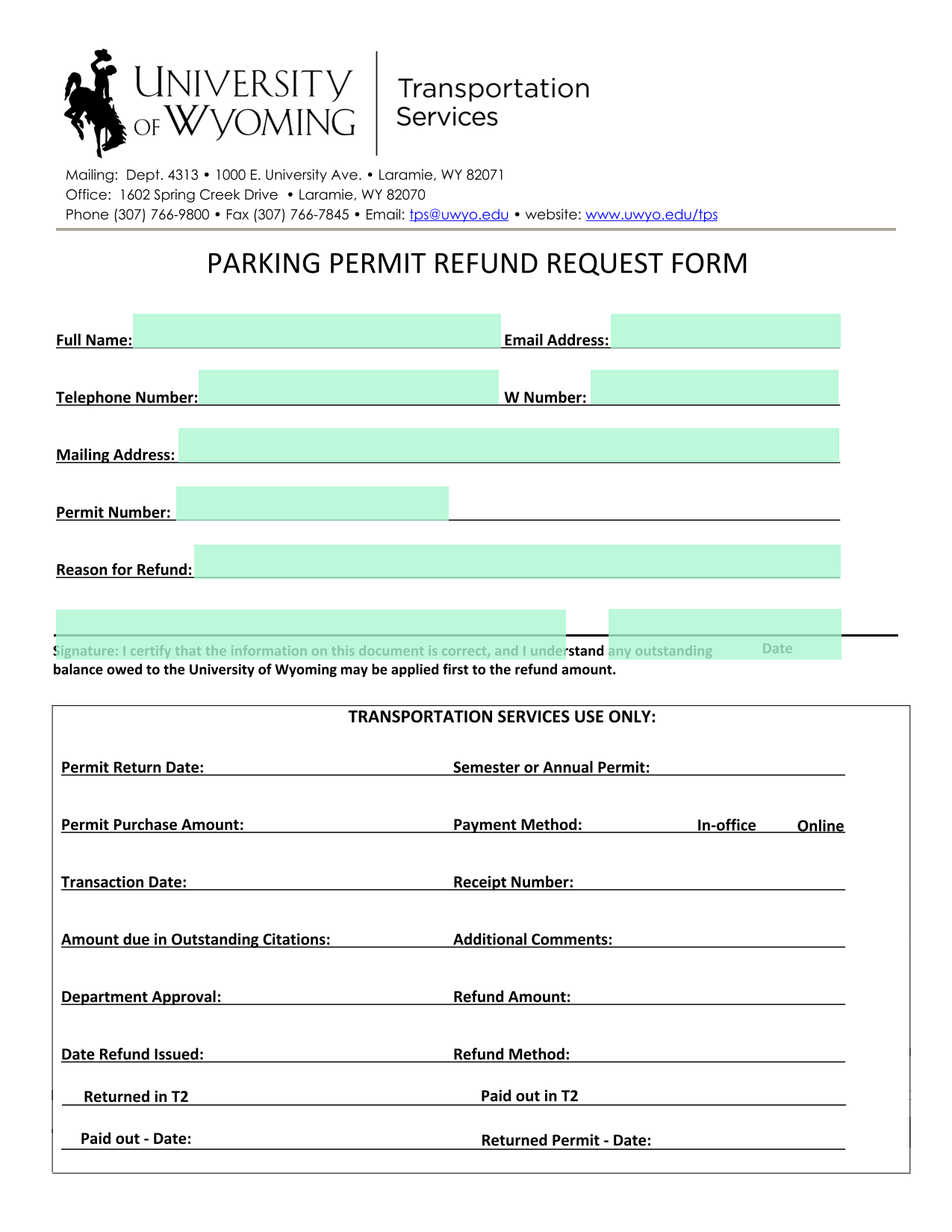 Parking Permit Refund Request Form screenshot