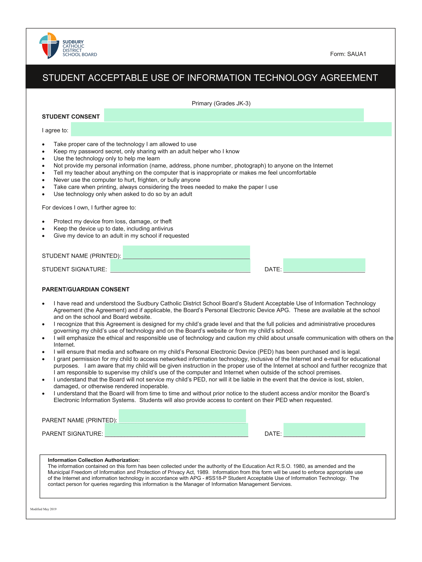 Student Consent For Technology Use screenshot