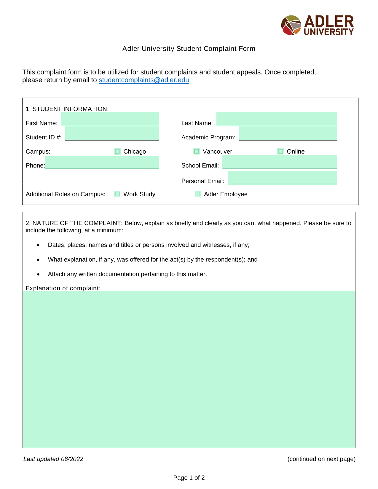 Adler University Student Complaint Form screenshot