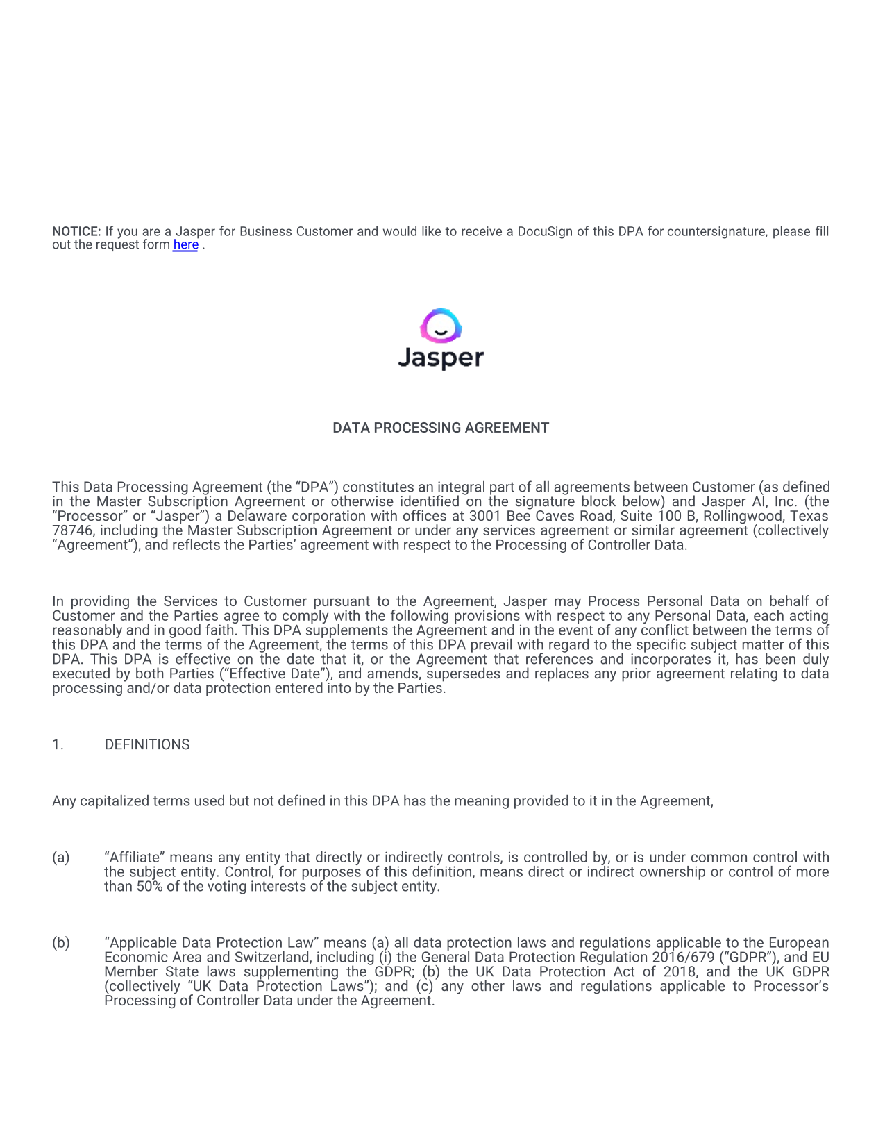 Data Processing Agreement screenshot