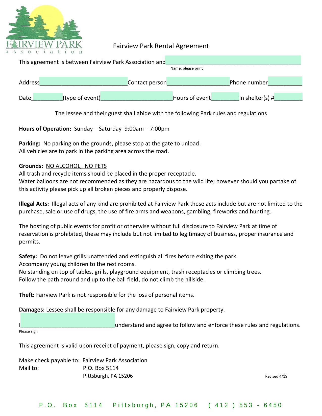 Fairview Park Rental Agreement screenshot