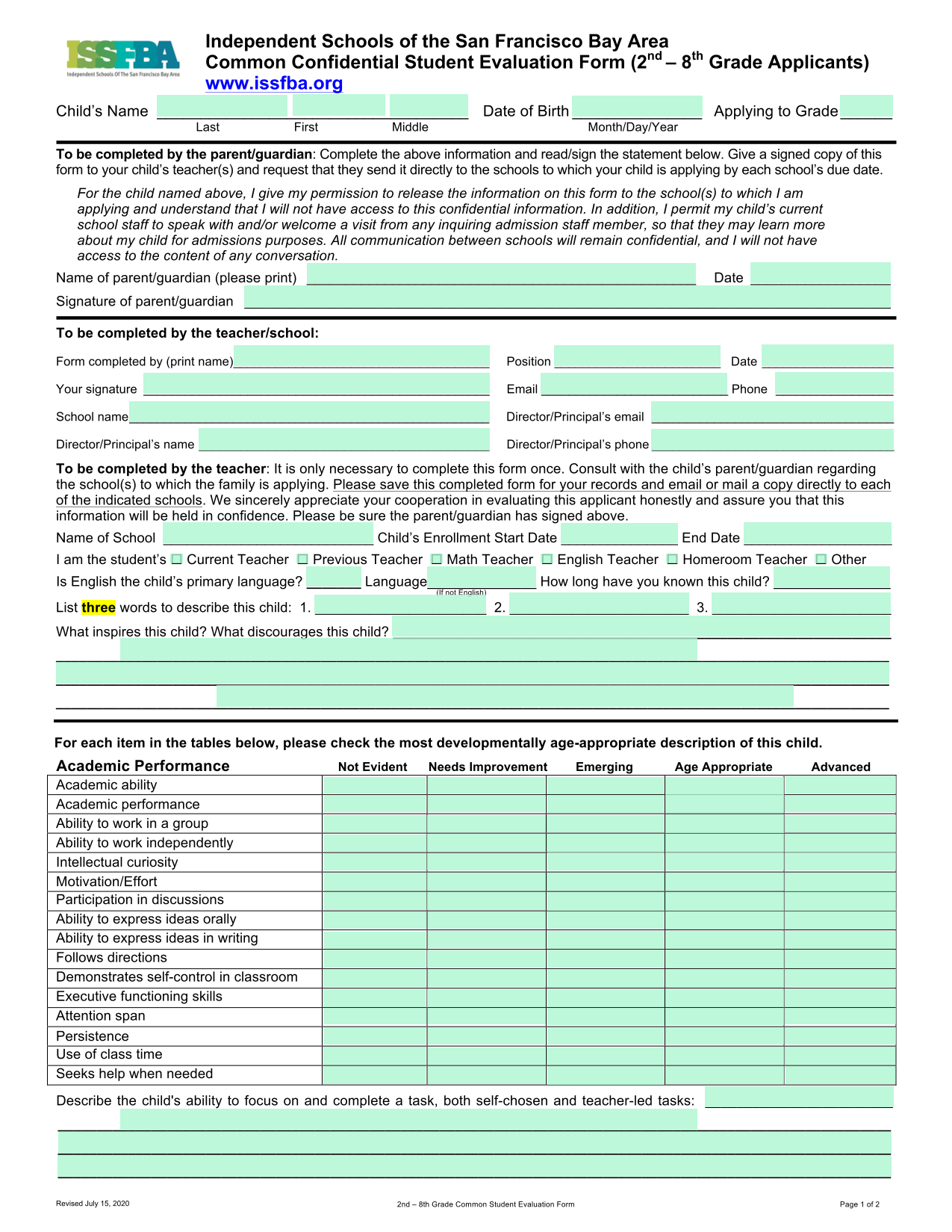 2nd  8th Grade Common Student Evaluation Form screenshot