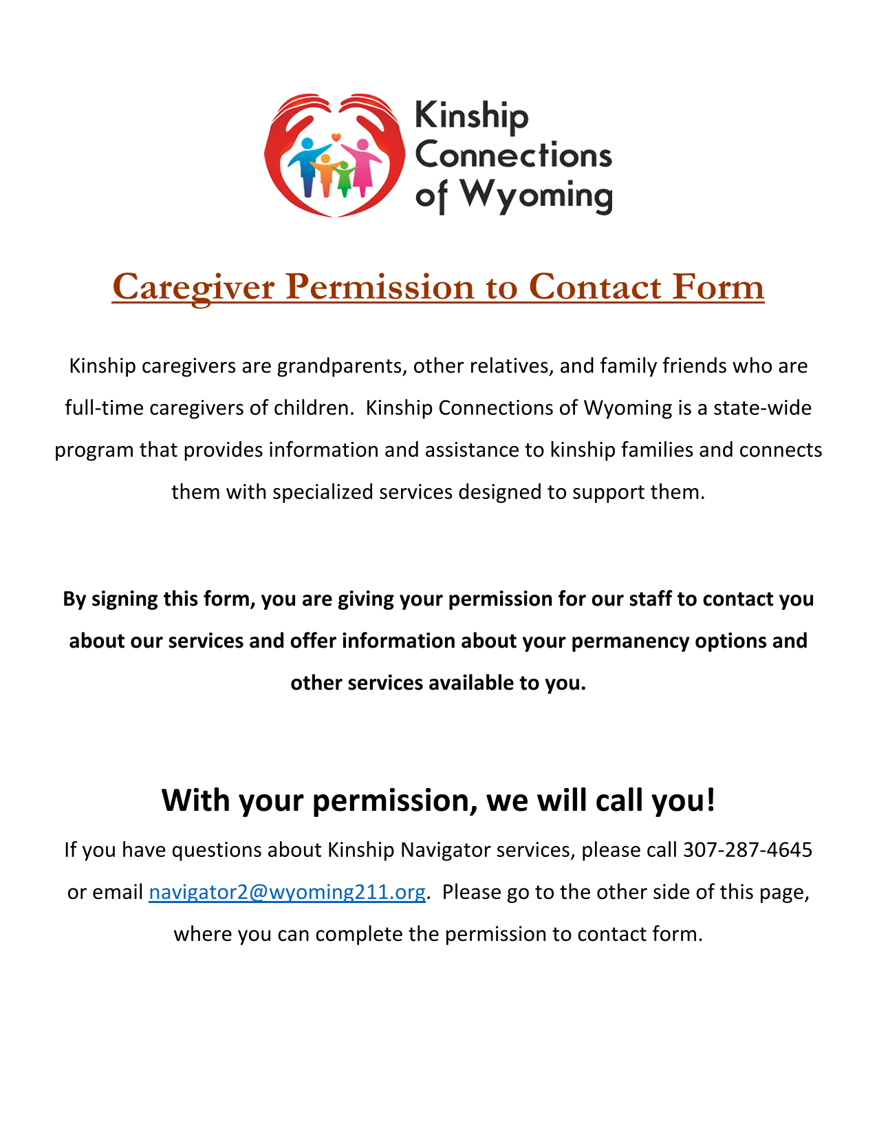 Caregiver Permission To Contact Form screenshot