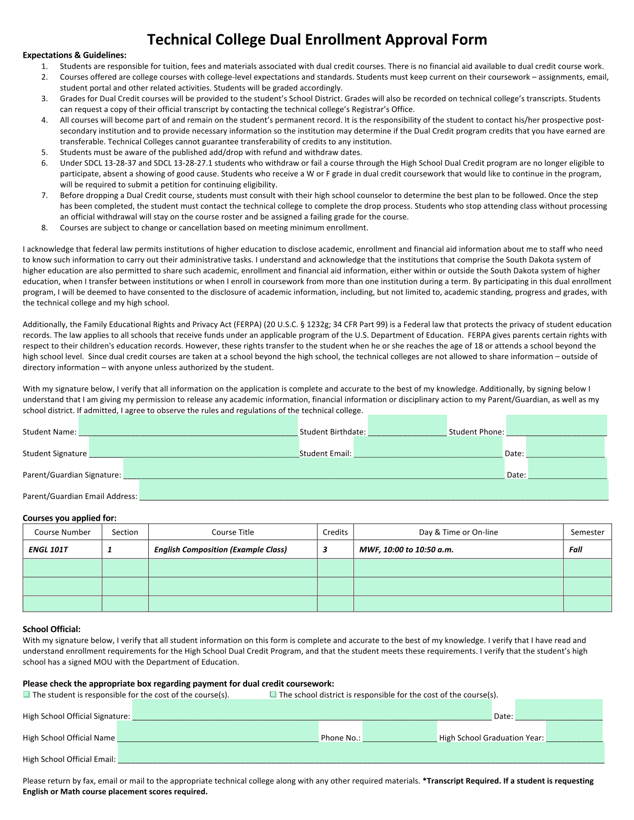 Technical College Dual Enrollment Approval Form screenshot