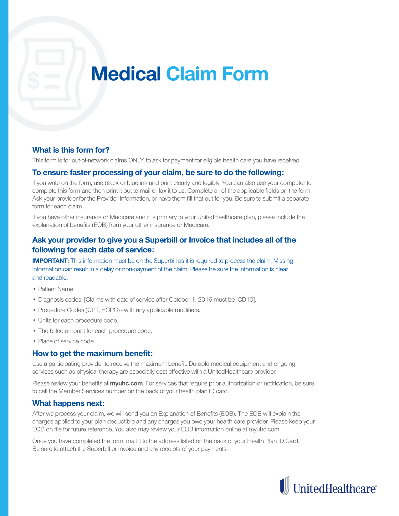 Medical Claim Form screenshot