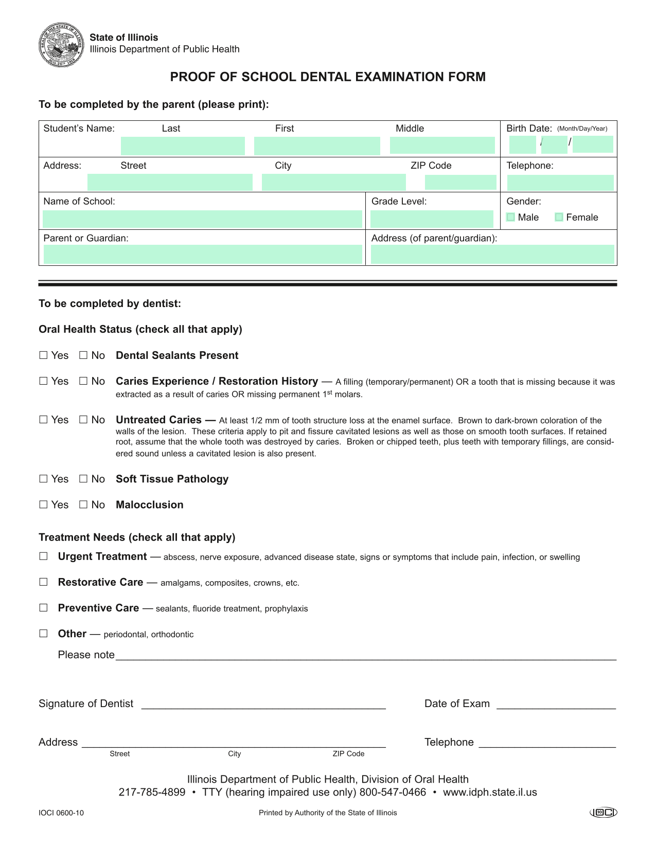 Proof Of School Dental Examination Form screenshot