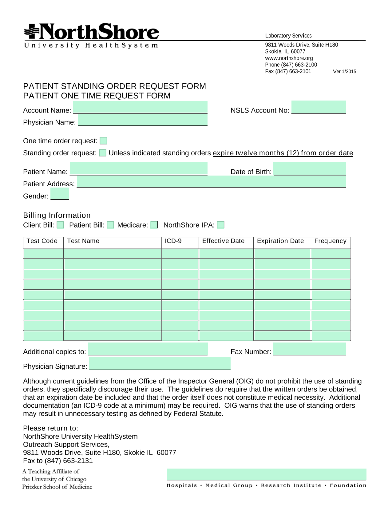 PATIENT STANDING ORDER REQUEST FORM screenshot