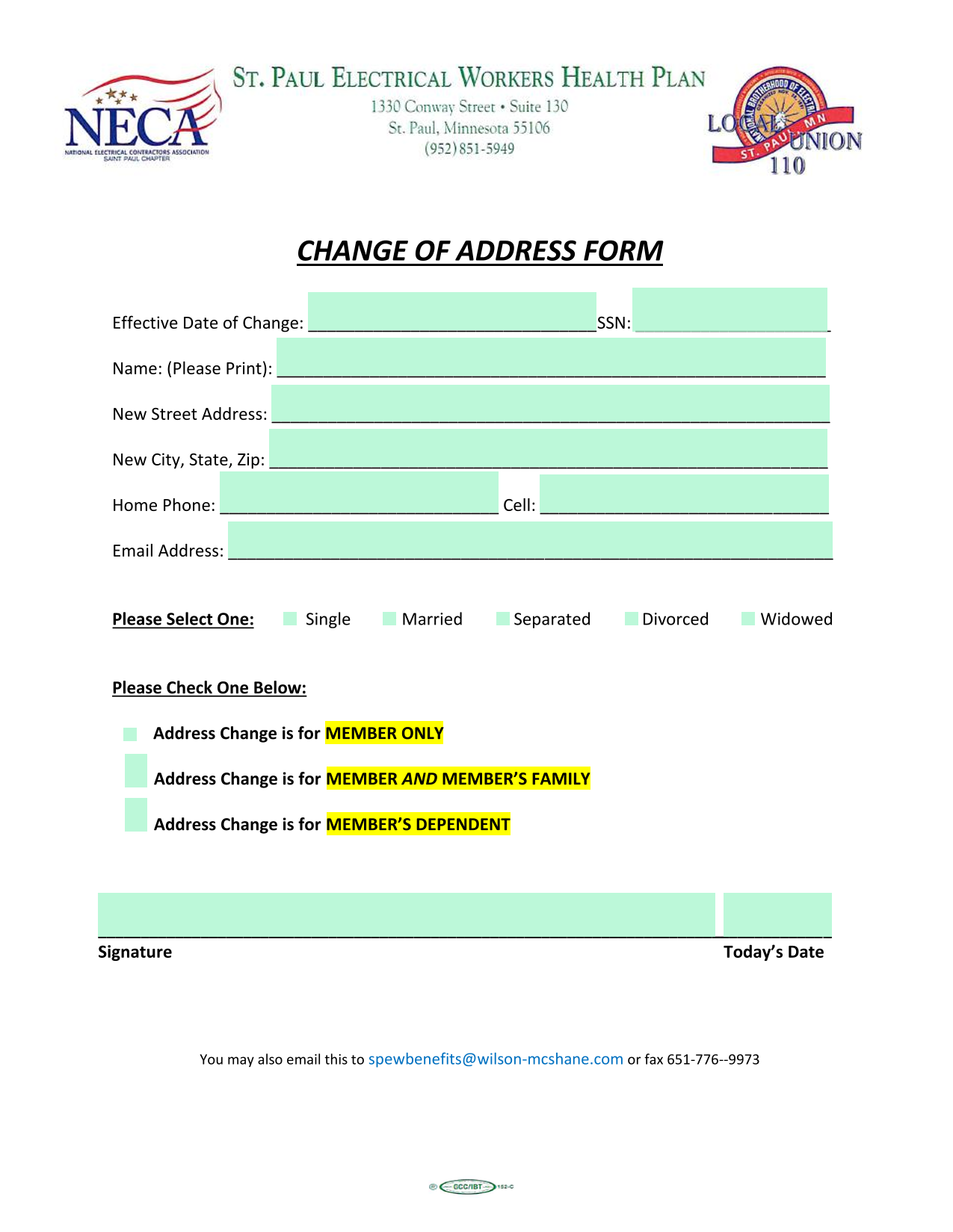 Change Of Address Form screenshot
