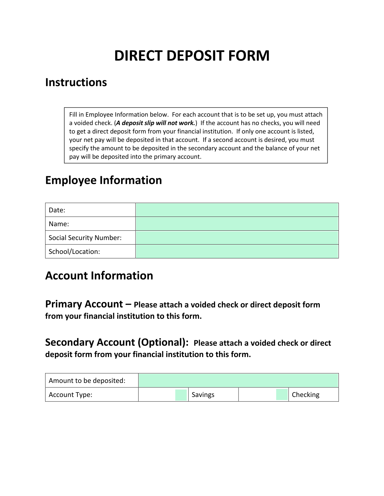 Direct Deposit Form screenshot