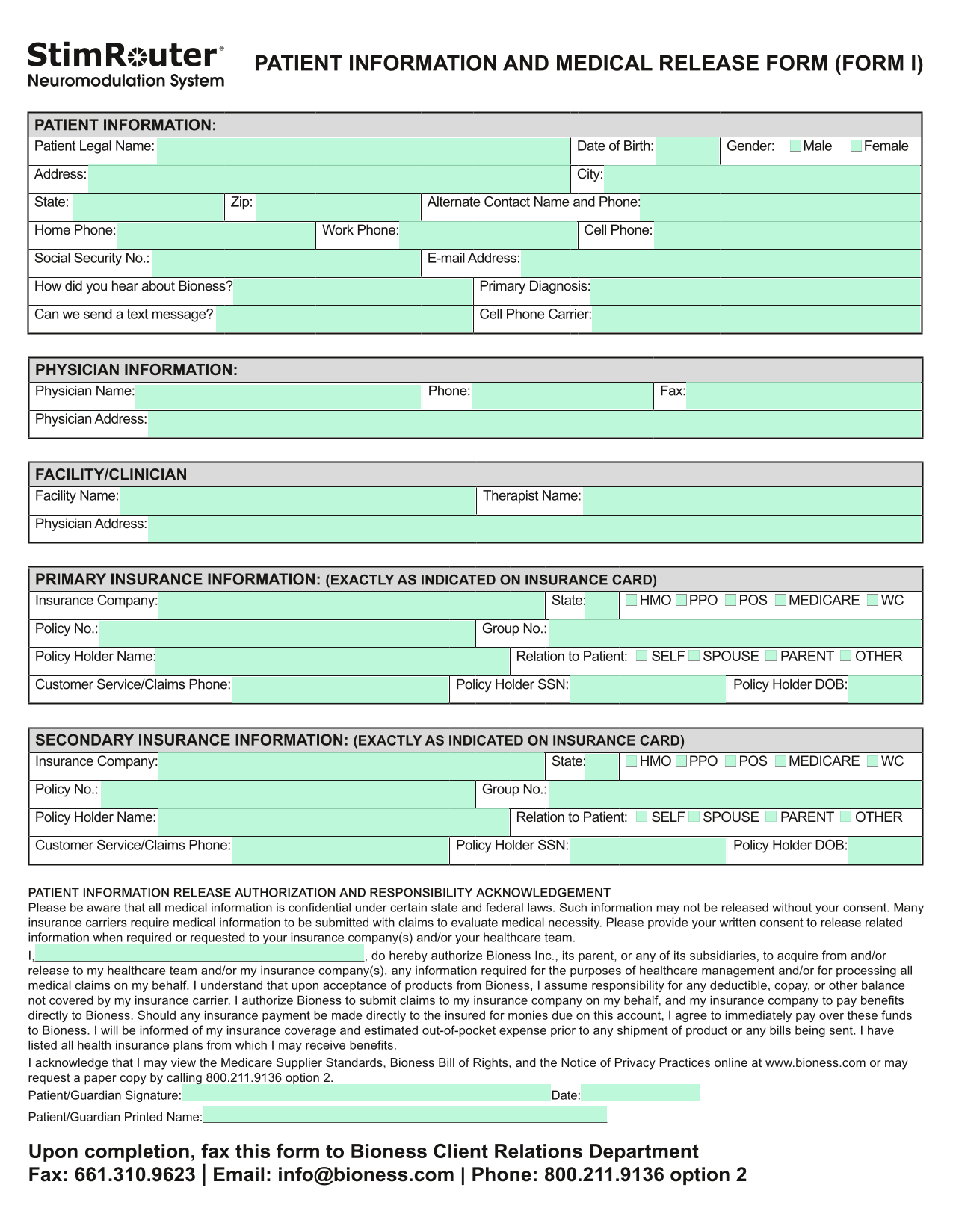 PATIENT INFORMATION AND MEDICAL RELEASE FORM (FORM I) screenshot