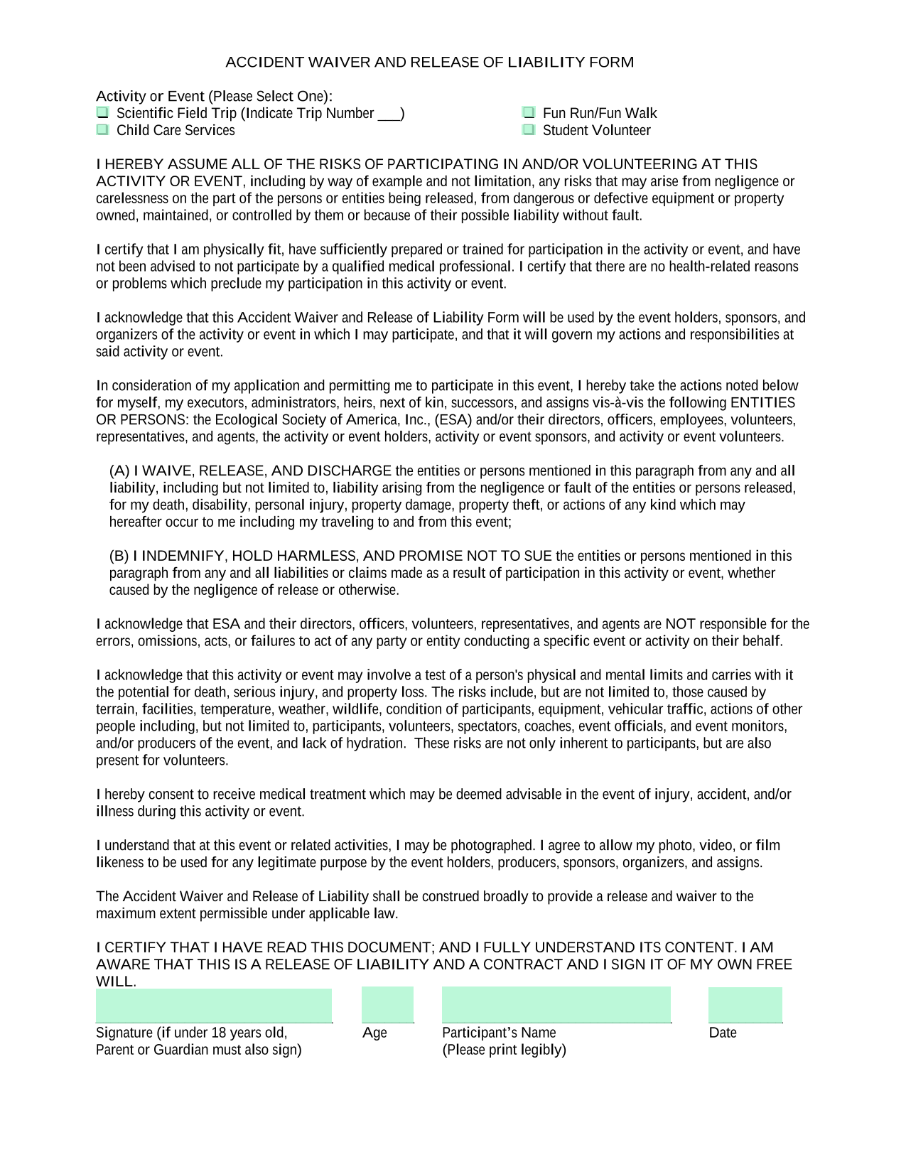 Accident Waiver And Release Of Liability Form screenshot