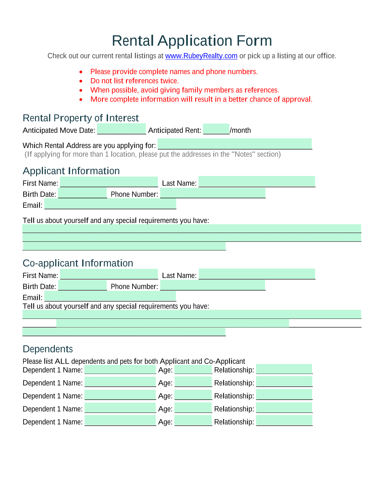 Rental Application Form screenshot