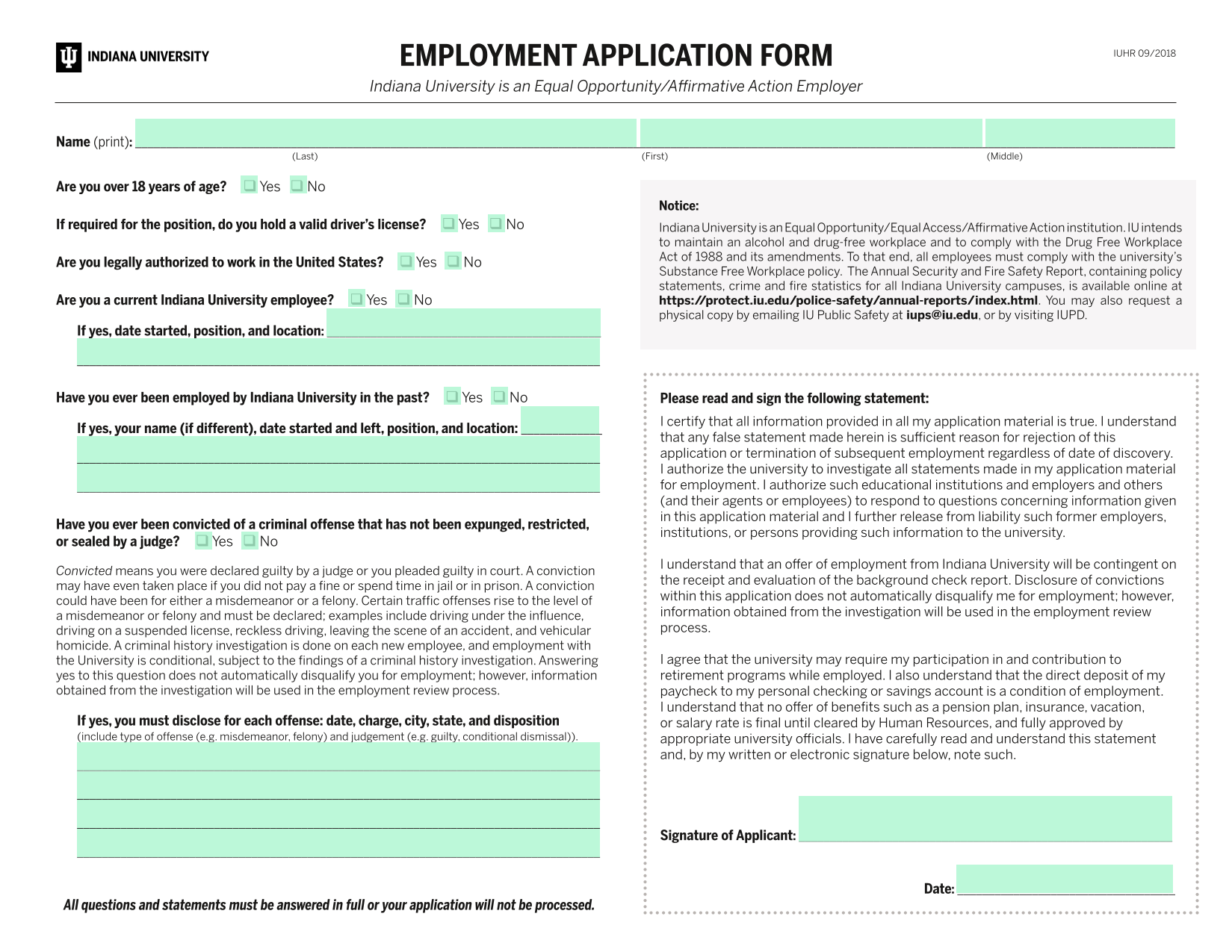 EMPLOYMENT APPLICATION FORM screenshot