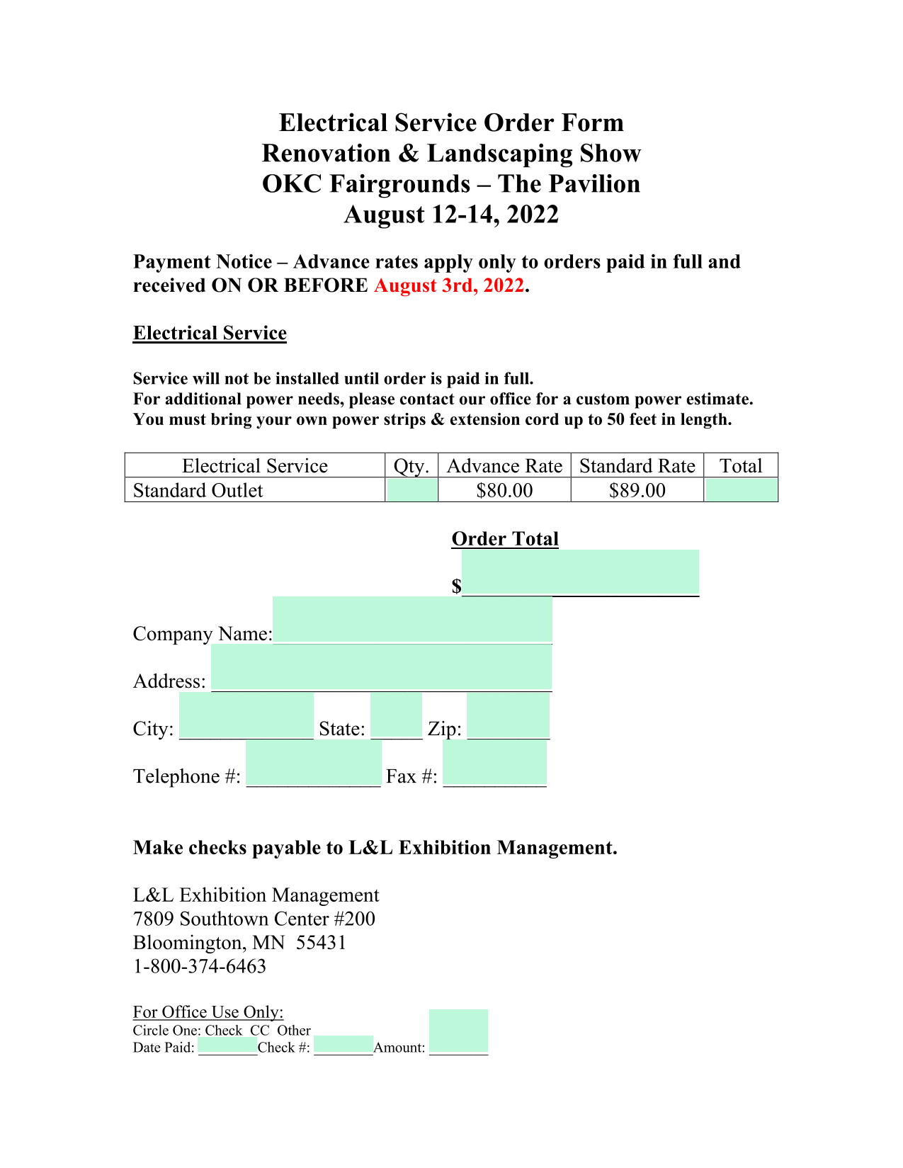 Electrical Service Order Form screenshot