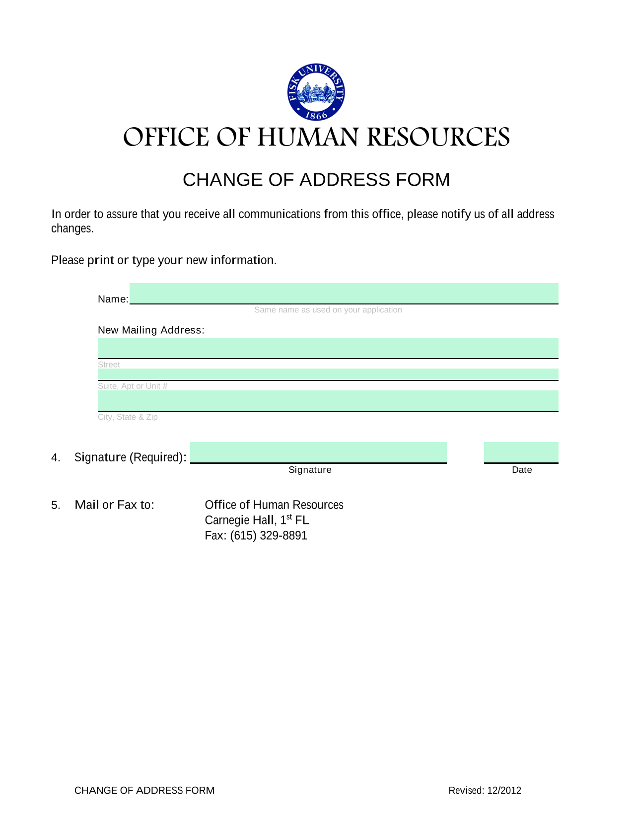 CHANGE OF ADDRESS FORM screenshot