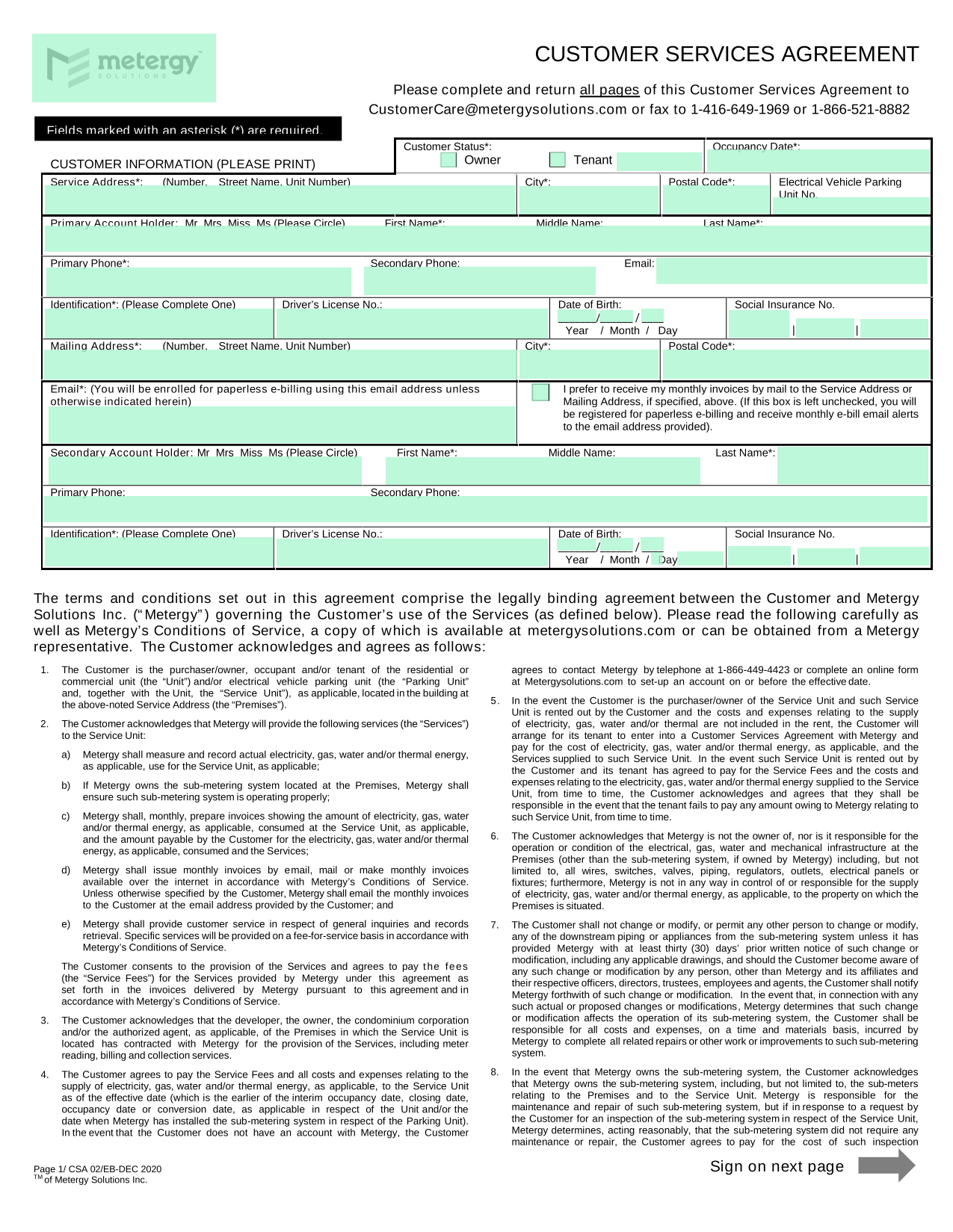 Customer Services Agreement screenshot