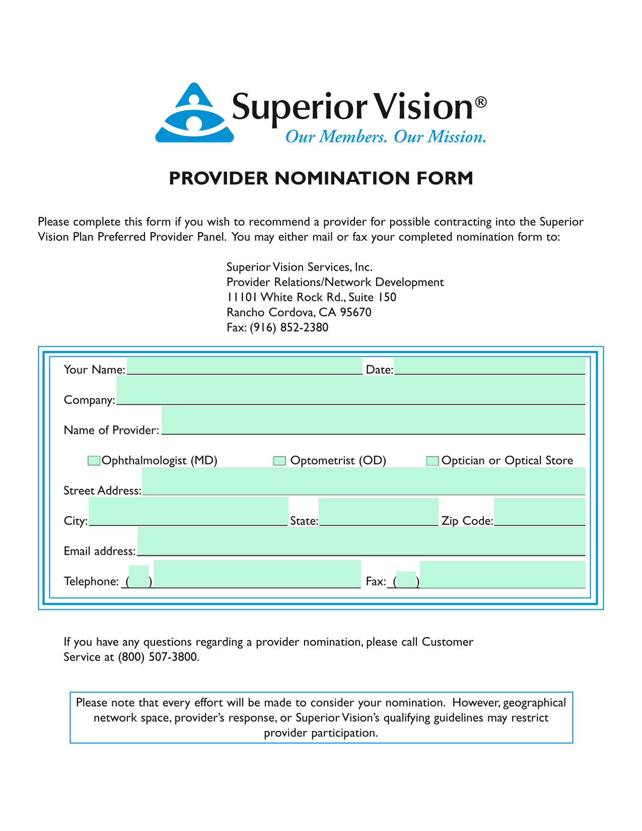 PROVIDER NOMINATION FORM screenshot