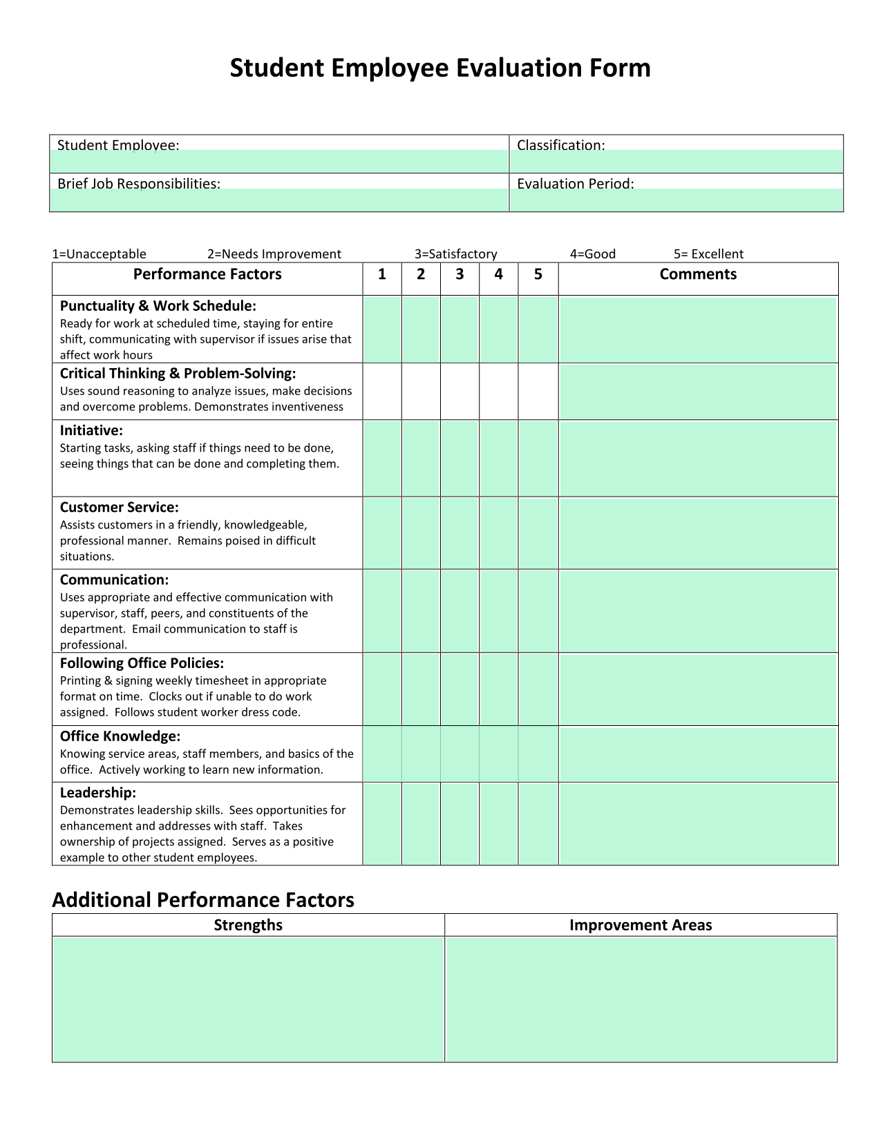 Student Employee Evaluation Form screenshot
