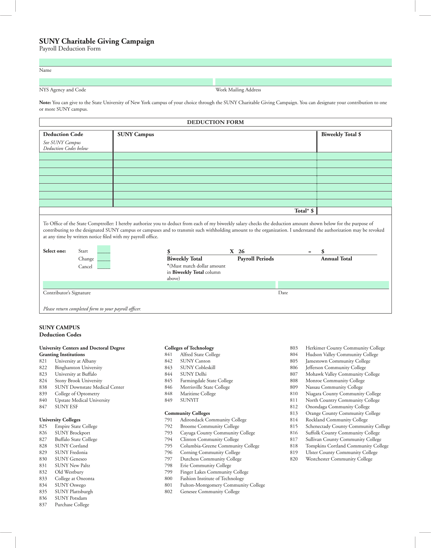 SUNY Charitable Giving Campaign Deduction Form screenshot