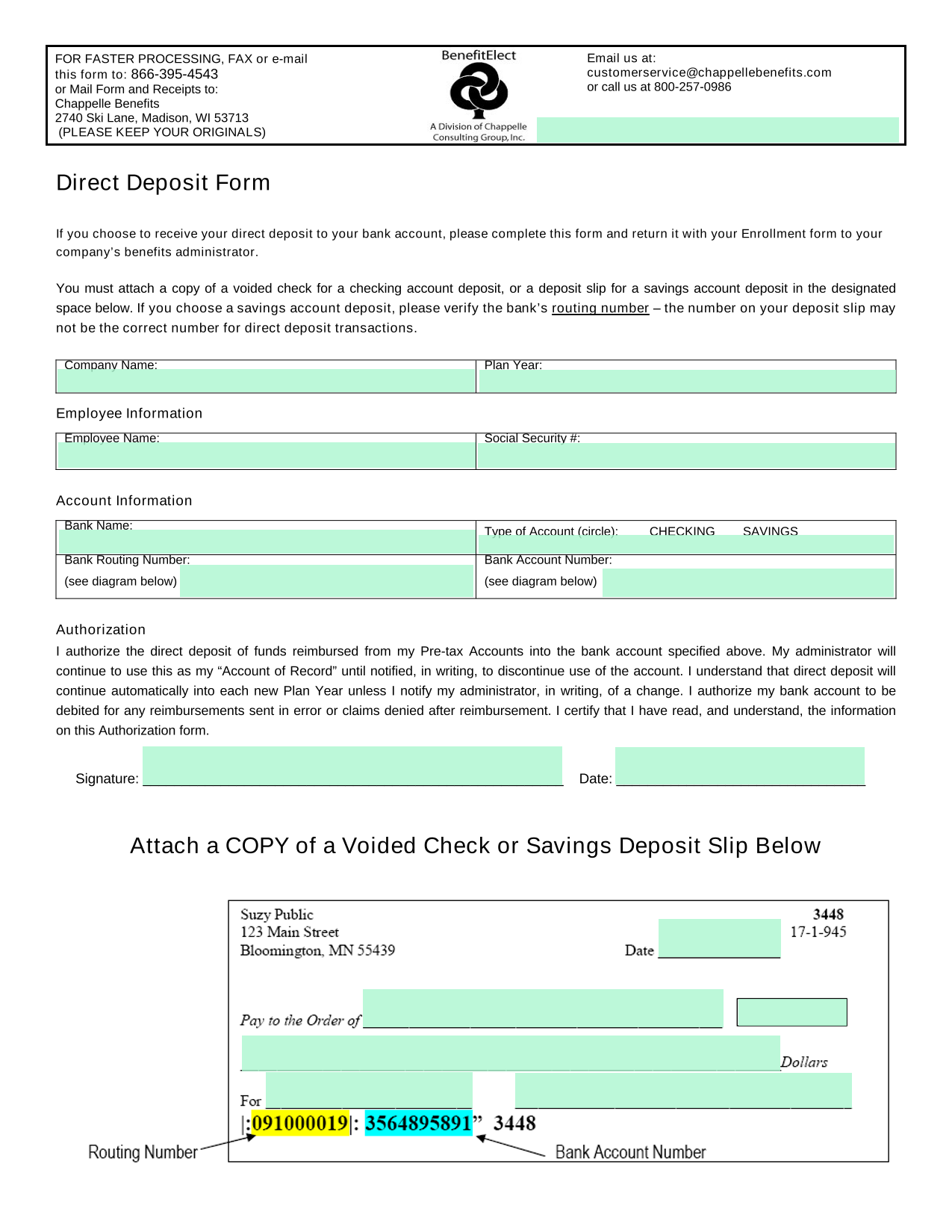 Direct Deposit Form screenshot