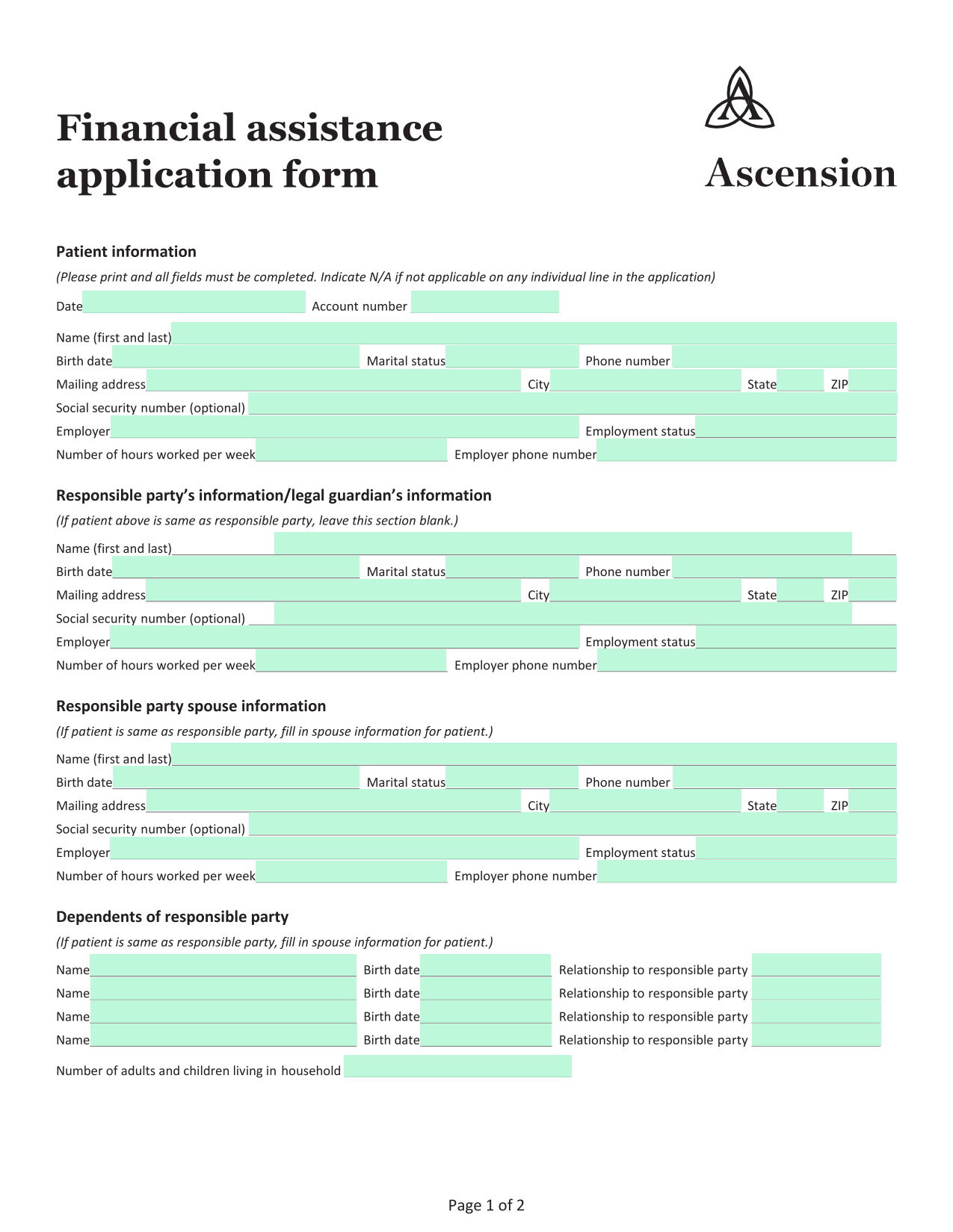 Financial Assistance Application Form screenshot
