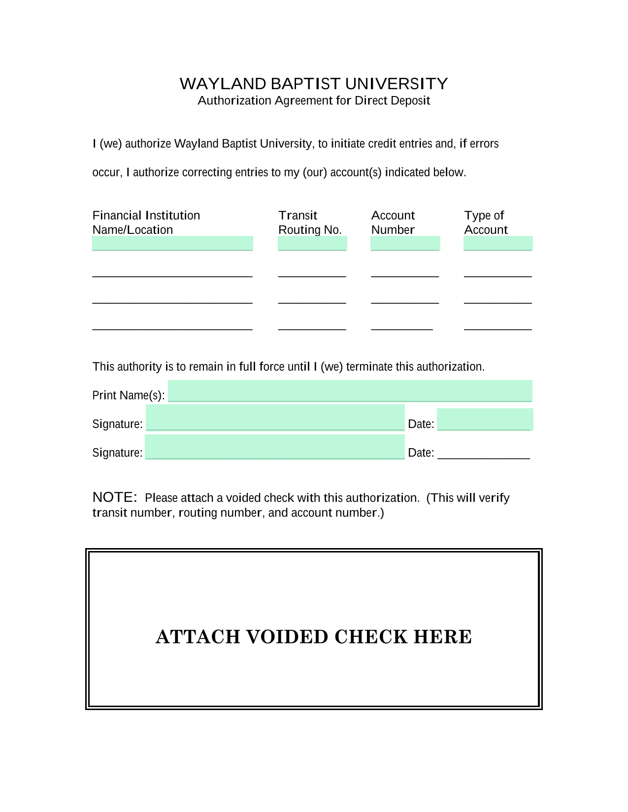 Authorization Agreement For Direct Deposit screenshot