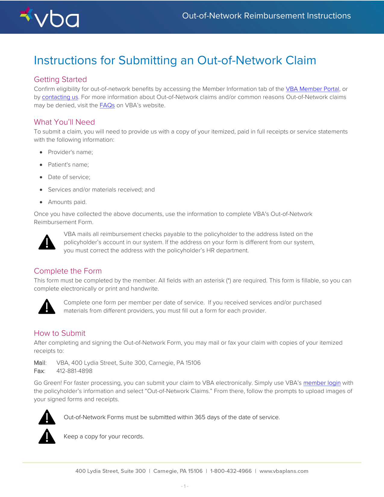 Out Of Network Reimbursement Instructions screenshot