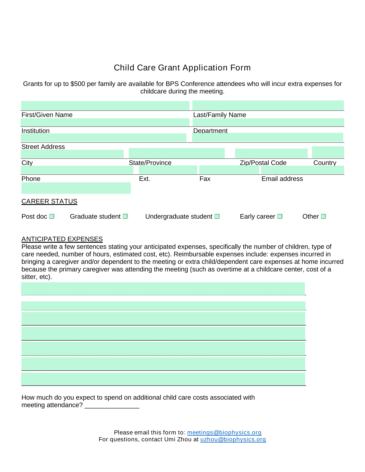 Child Care Grant Application Form screenshot