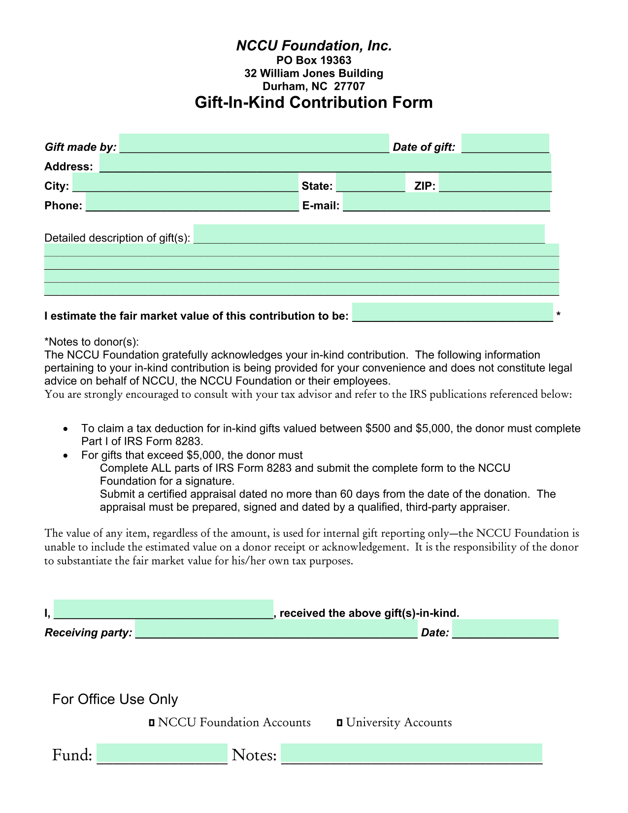 Gift In Kind Contribution Form screenshot