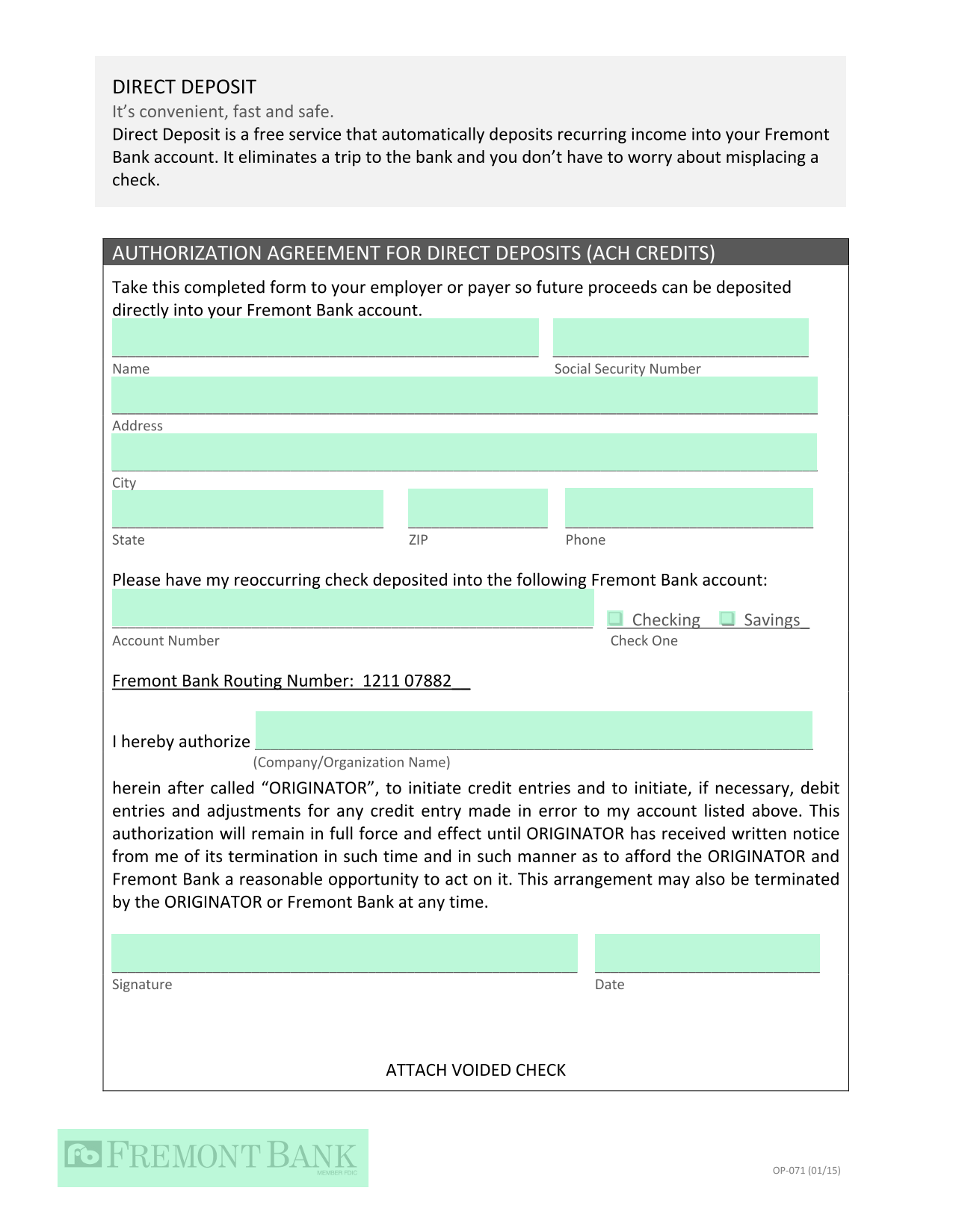 Direct Deposit Authorization Agreement screenshot