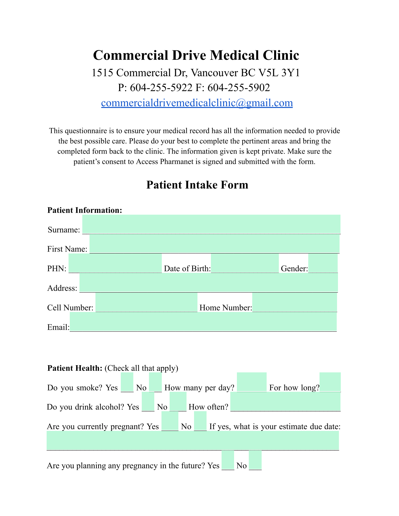 Patient Intake Form screenshot