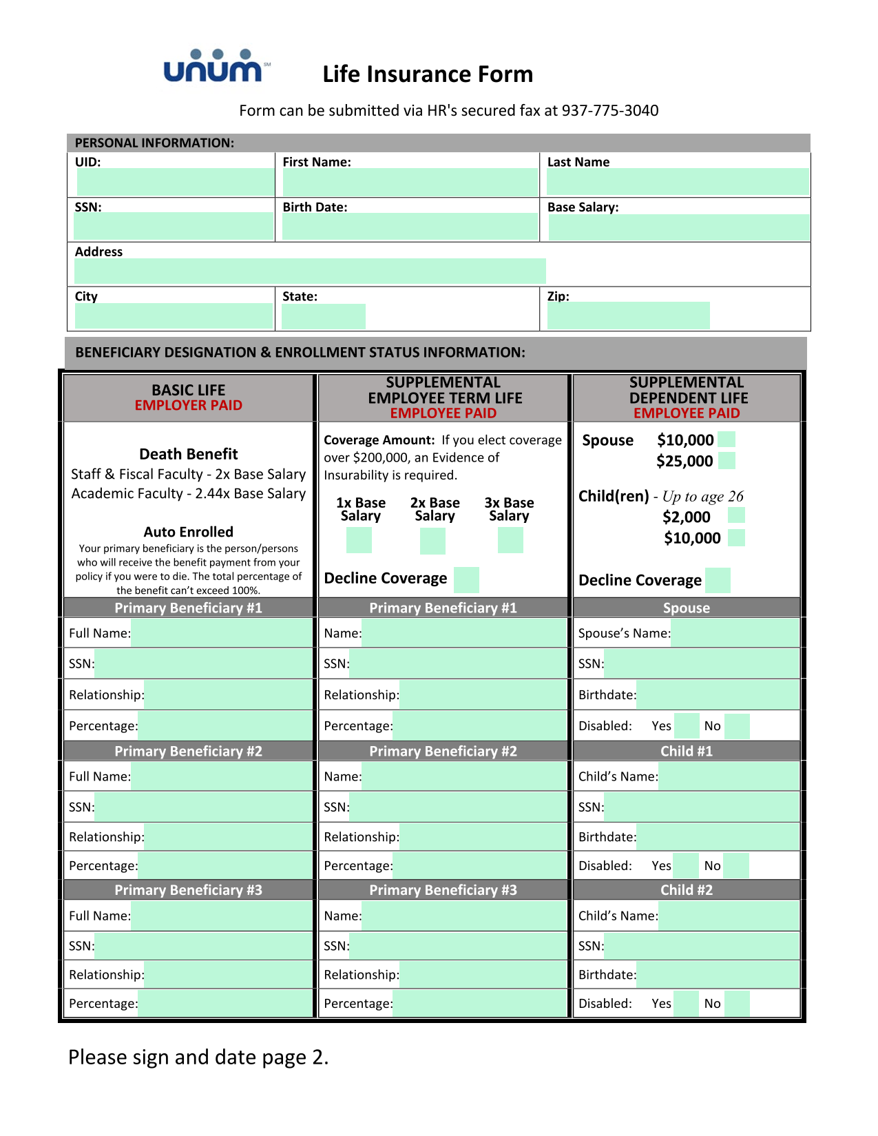 Life Insurance Form screenshot